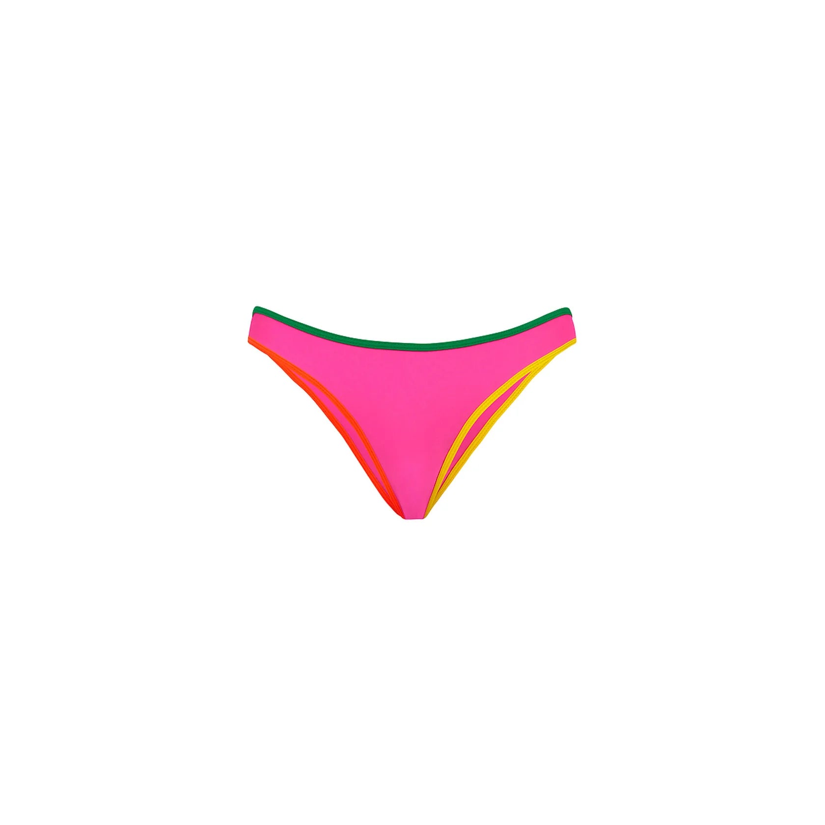 Pink modest coverage bottom with green, orange, and yellow trim