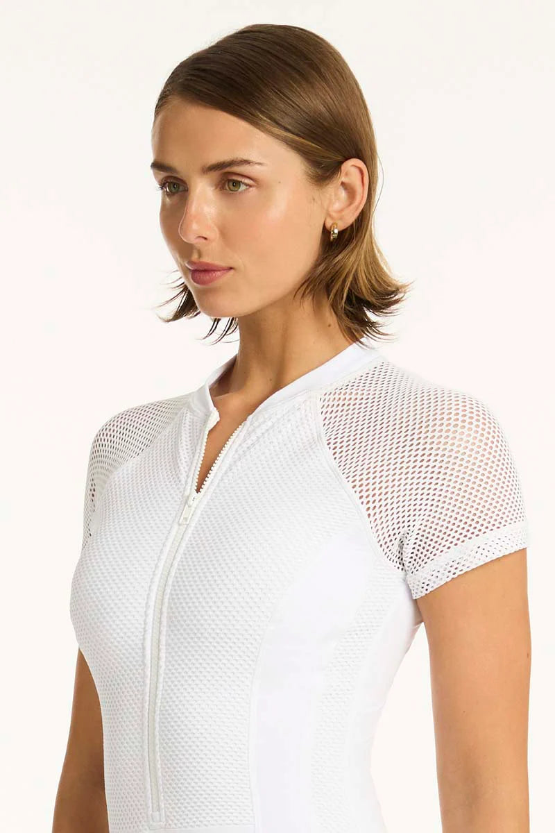White short sleeve mesh one piece with front zipper