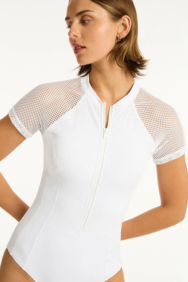 White short sleeve mesh one piece with front zipper