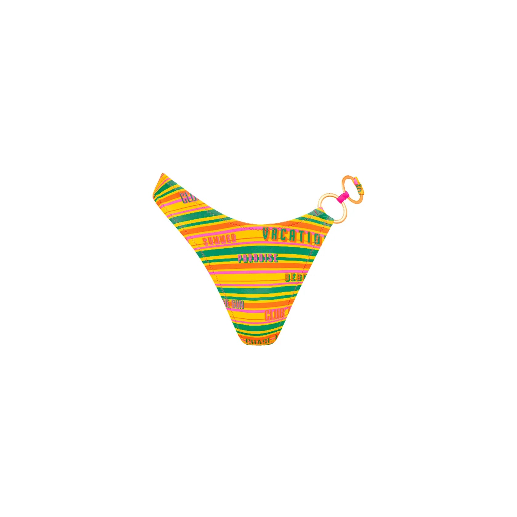 V-shaped thong bottom with decorative rings on one side in multicolor print