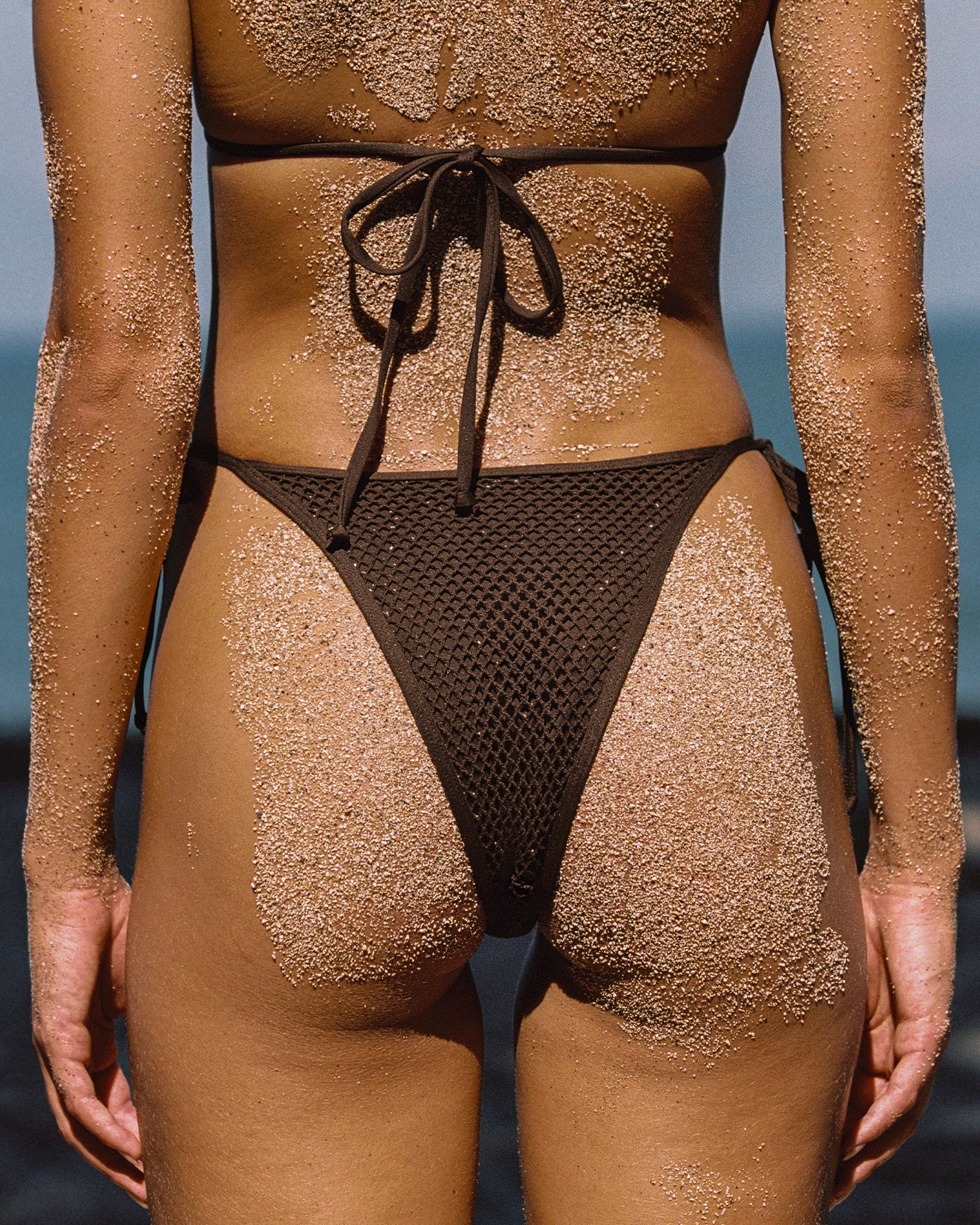 Brown tie side bikini bottom with crochet overlay