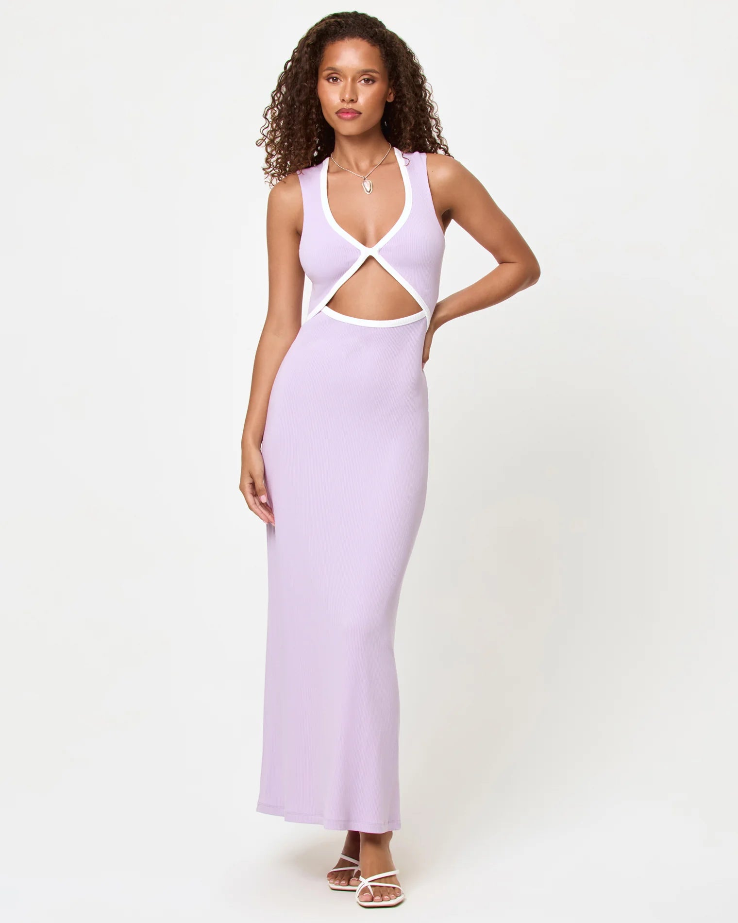 Light purple front cutout dress with cream trim