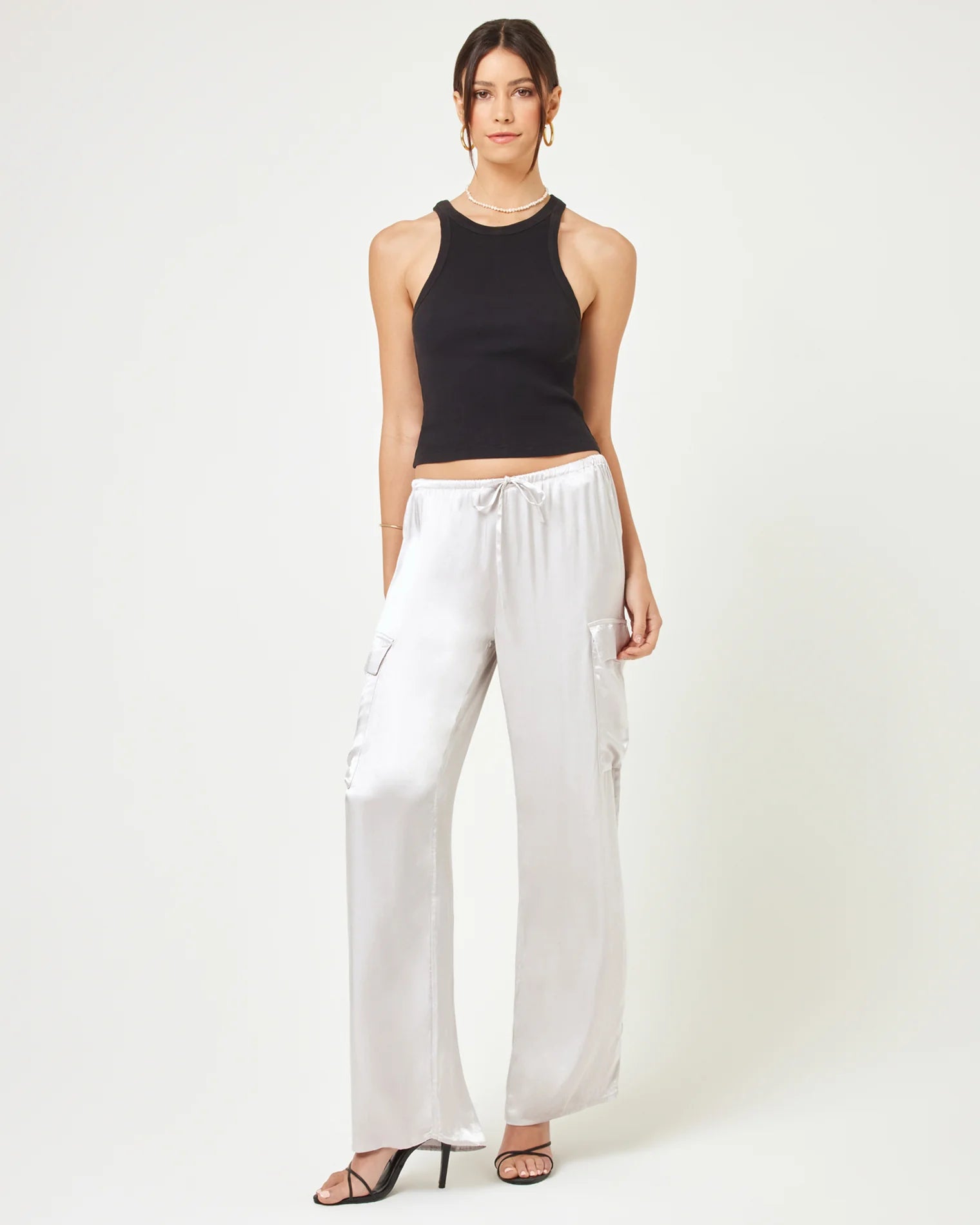 Silver drawstring cargo pants in shiny satin