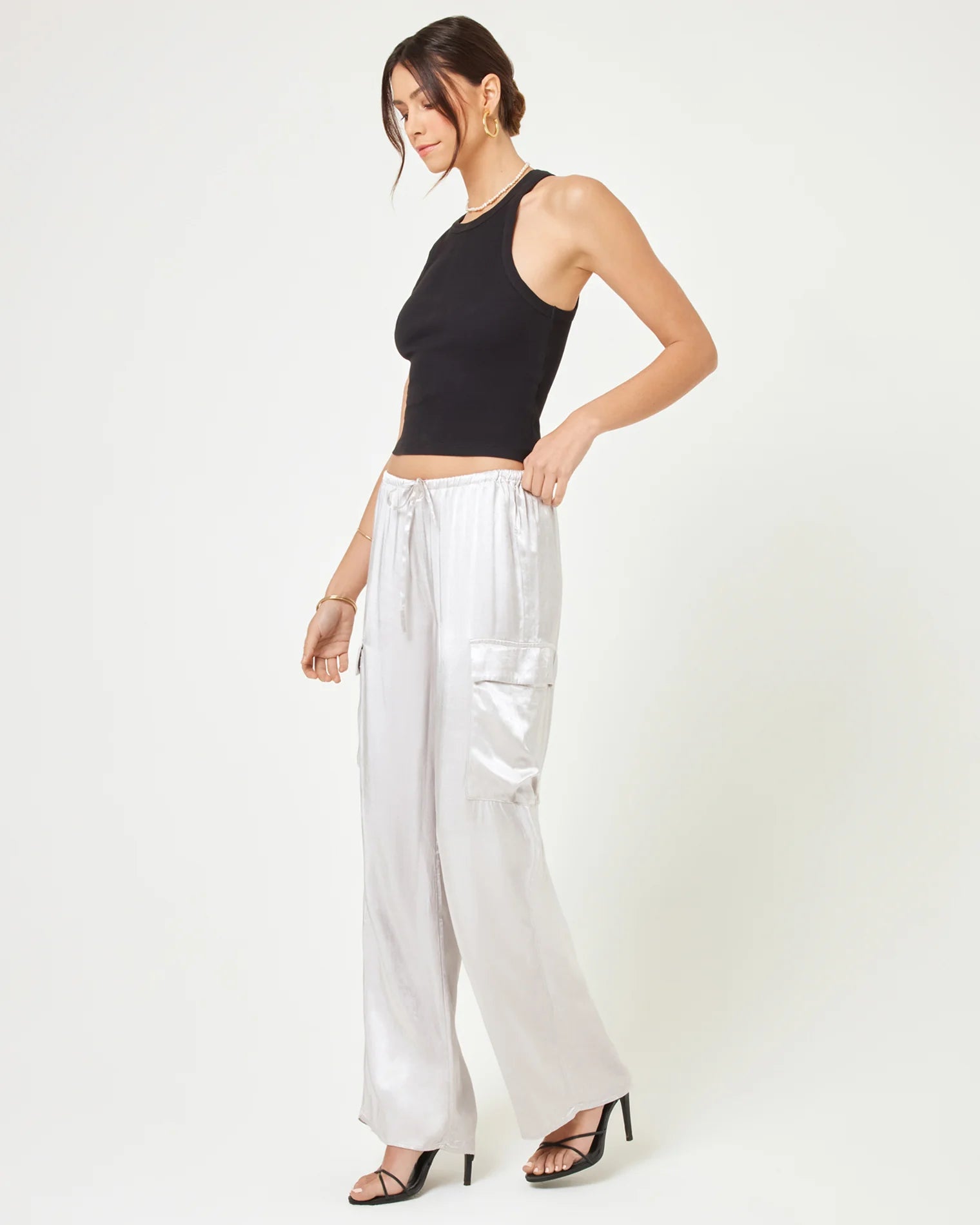 Silver drawstring cargo pants in shiny satin
