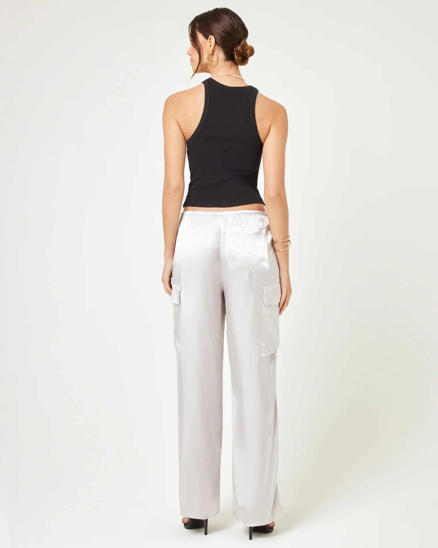 Silver drawstring cargo pants in shiny satin