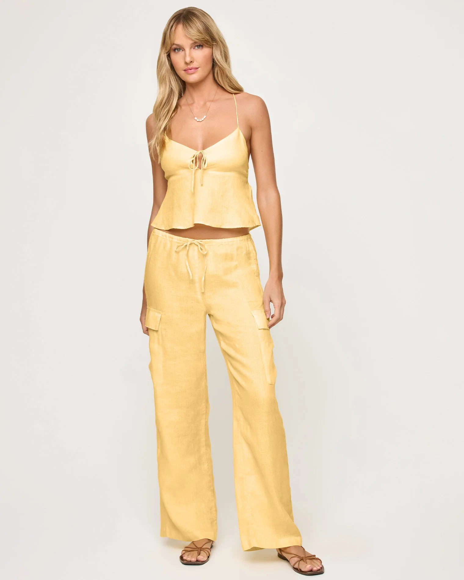 Drawstring linen cargo pants in yellow