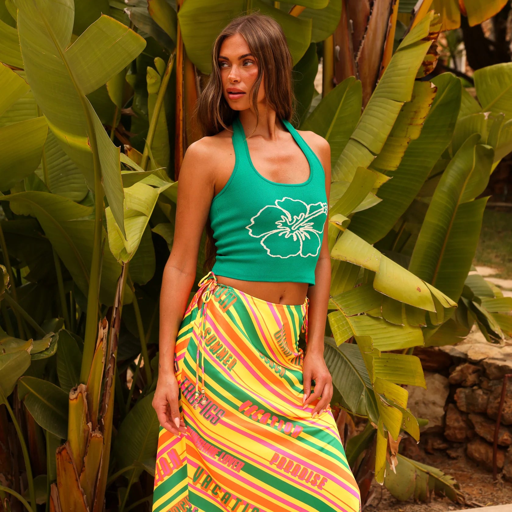 Long satin skirt with tie sides in bright multicolor print