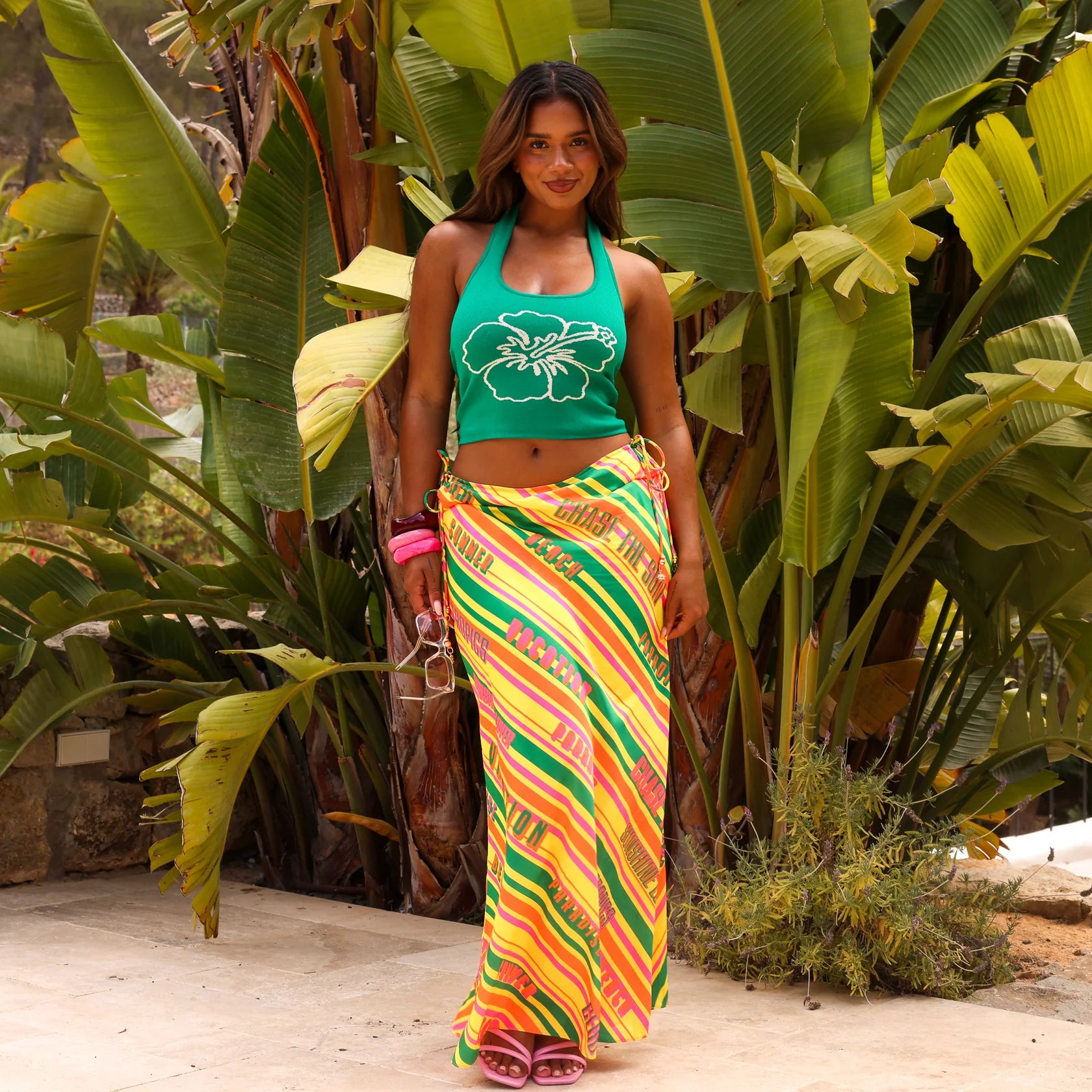 Long satin skirt with tie sides in bright multicolor print