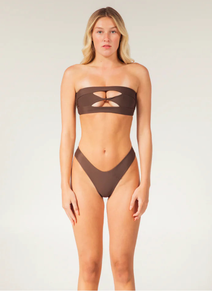 Strapless bandeau bikini top with front cutouts and side boning in brown