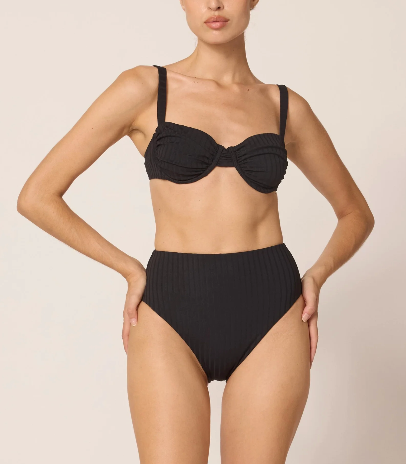 Ribbed black underwire top with adjustable straps