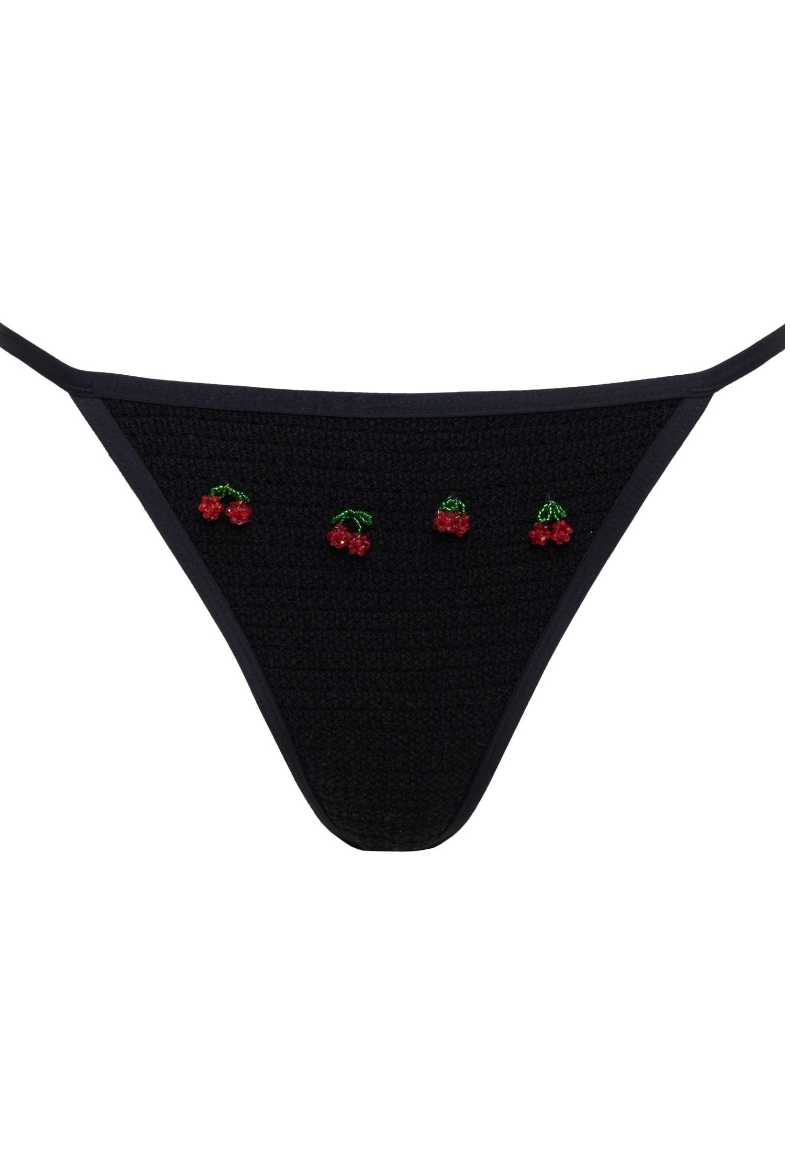 Cherry beaded black bikini bottom