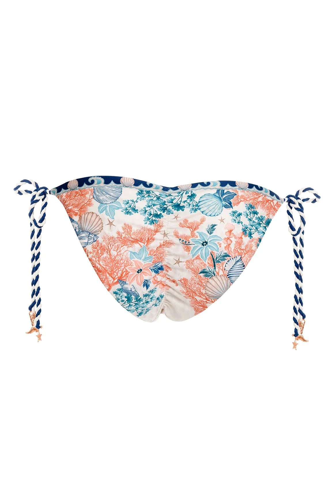 Tie side bottom with a ruched back featuring colorful sea inspired print