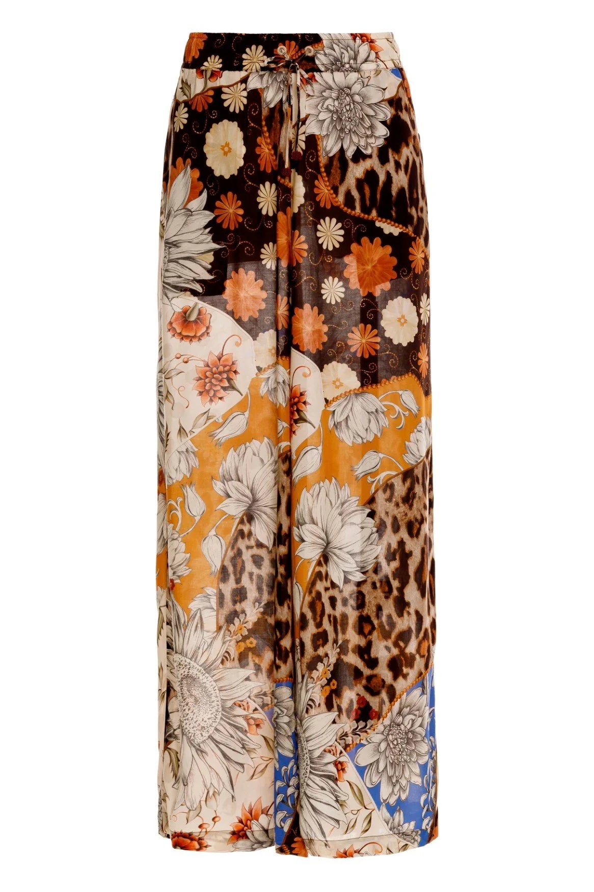 Wide leg pants with elastic waist and drawstring.