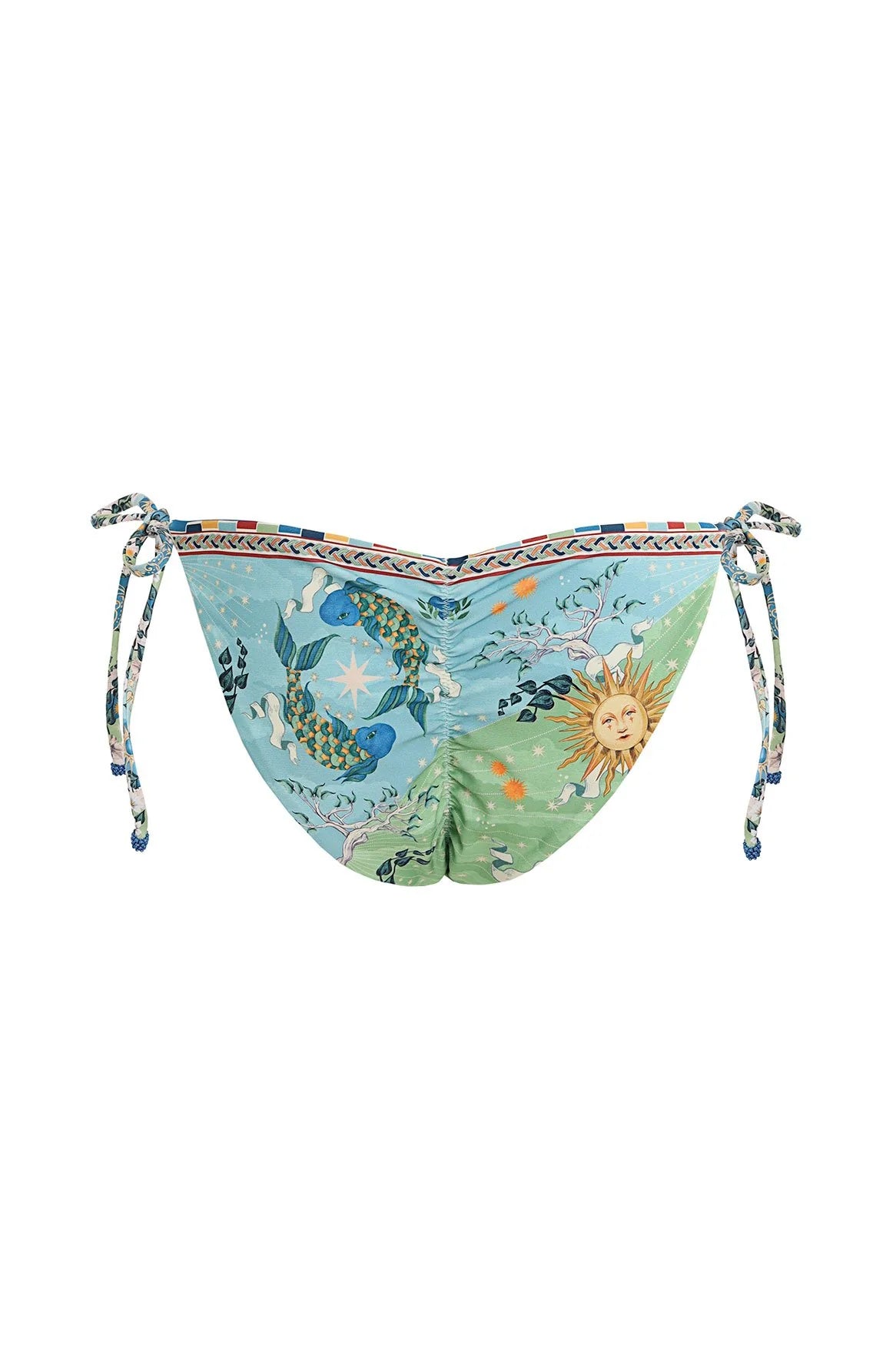 Colorful tie side bikini bottom with ruching in the back