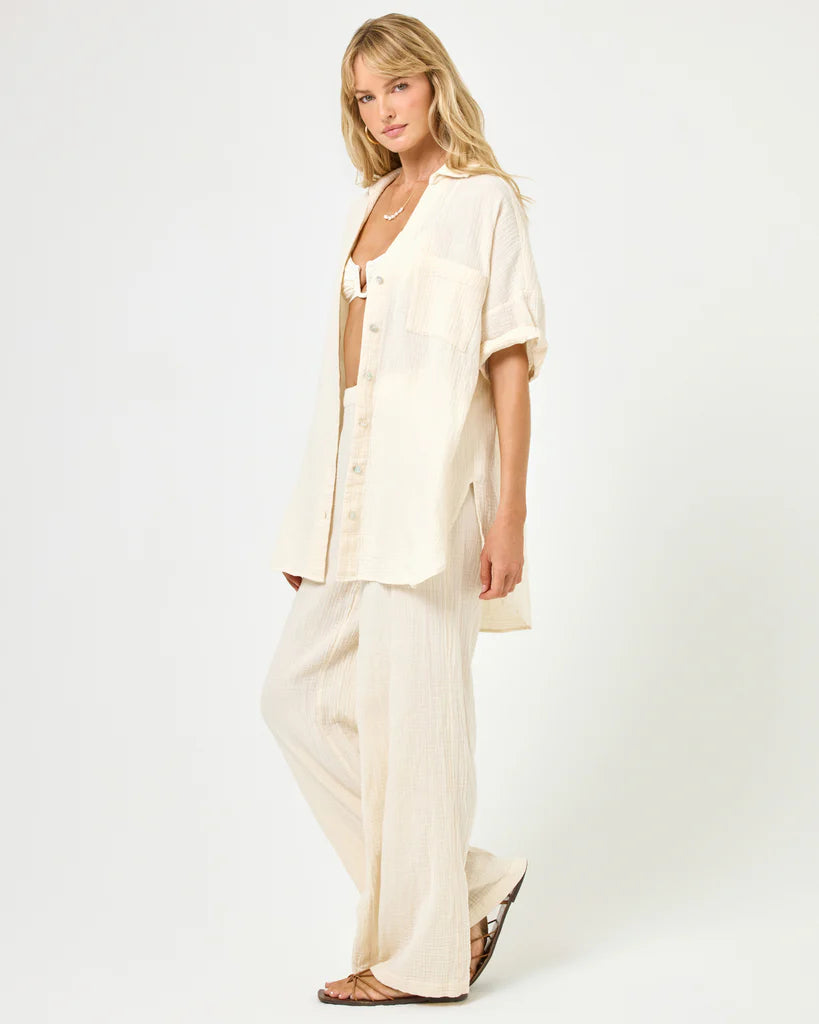 Collared button down cotton shirt in beige