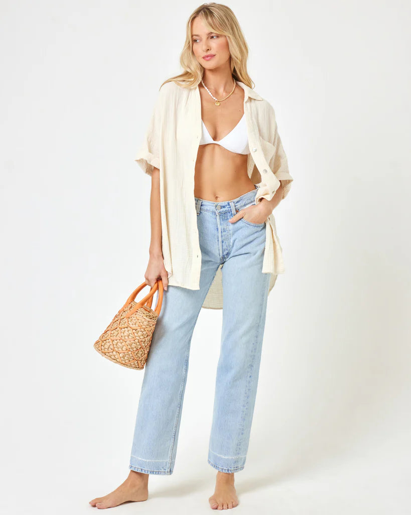 Collared button down cotton shirt in beige