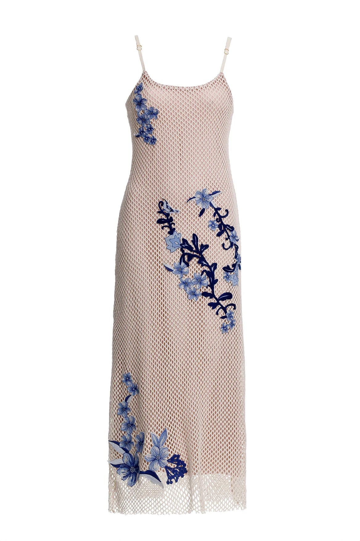 Open mesh midi dress that's fully lined and adorned with blue floral embroidery