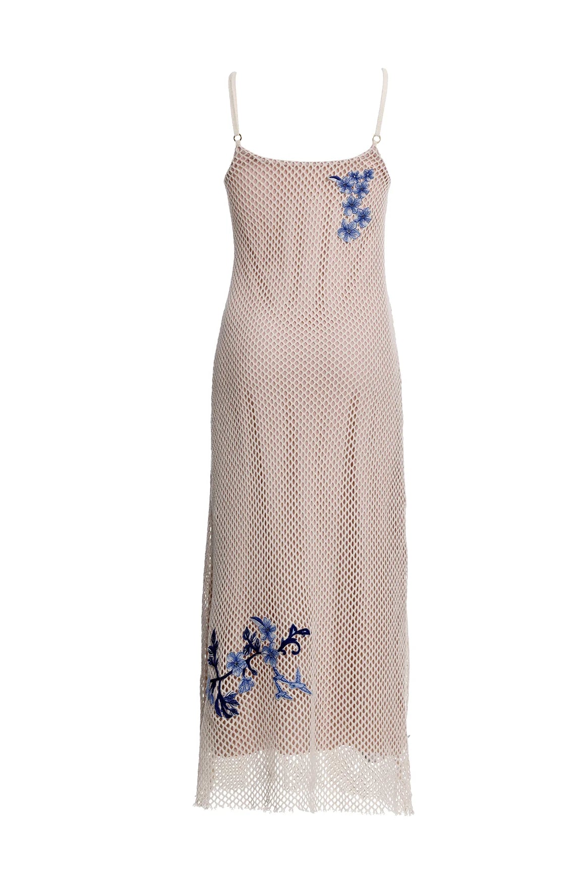 Open mesh midi dress that's fully lined and adorned with blue floral embroidery