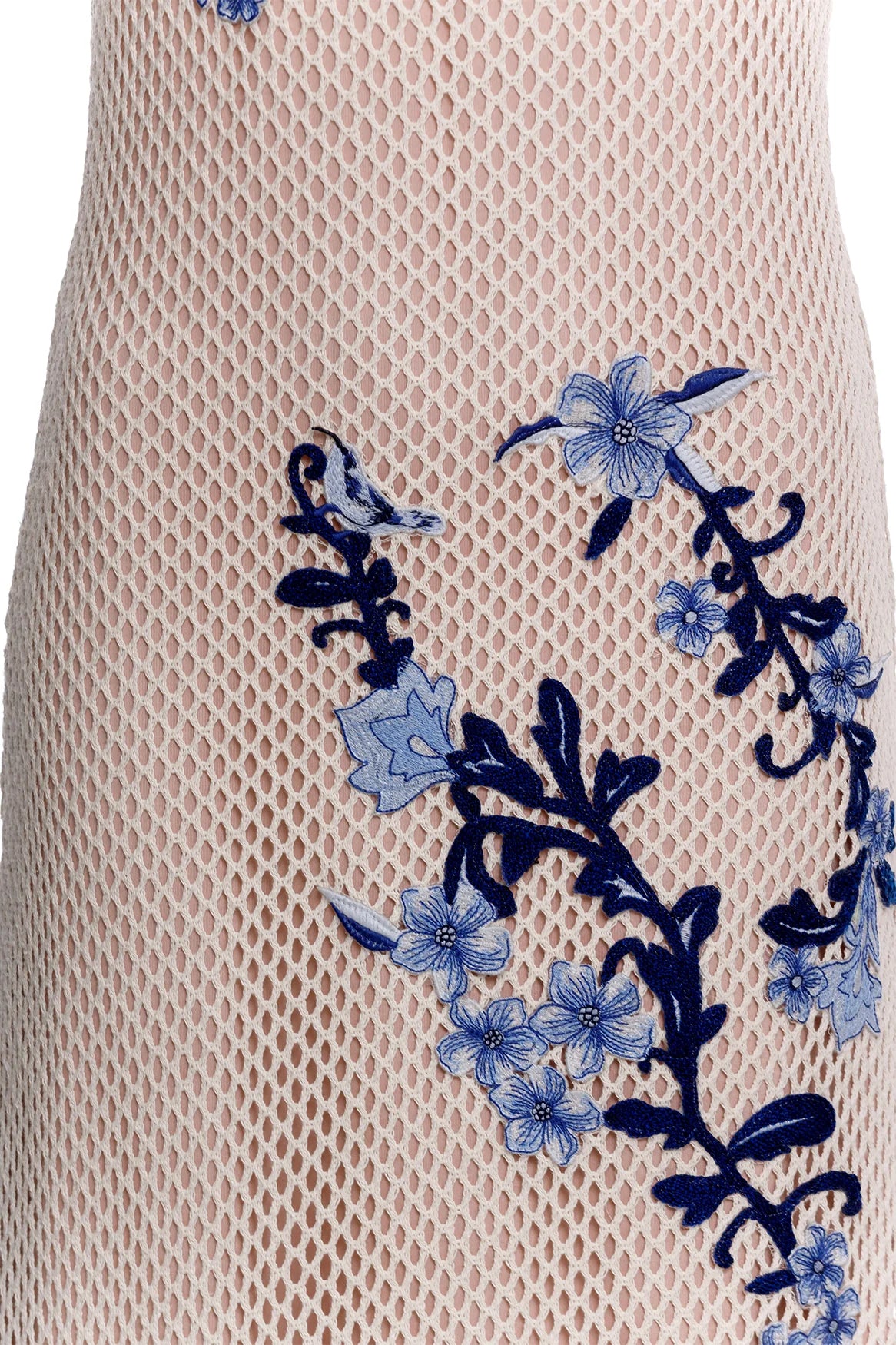 Open mesh midi dress that's fully lined and adorned with blue floral embroidery