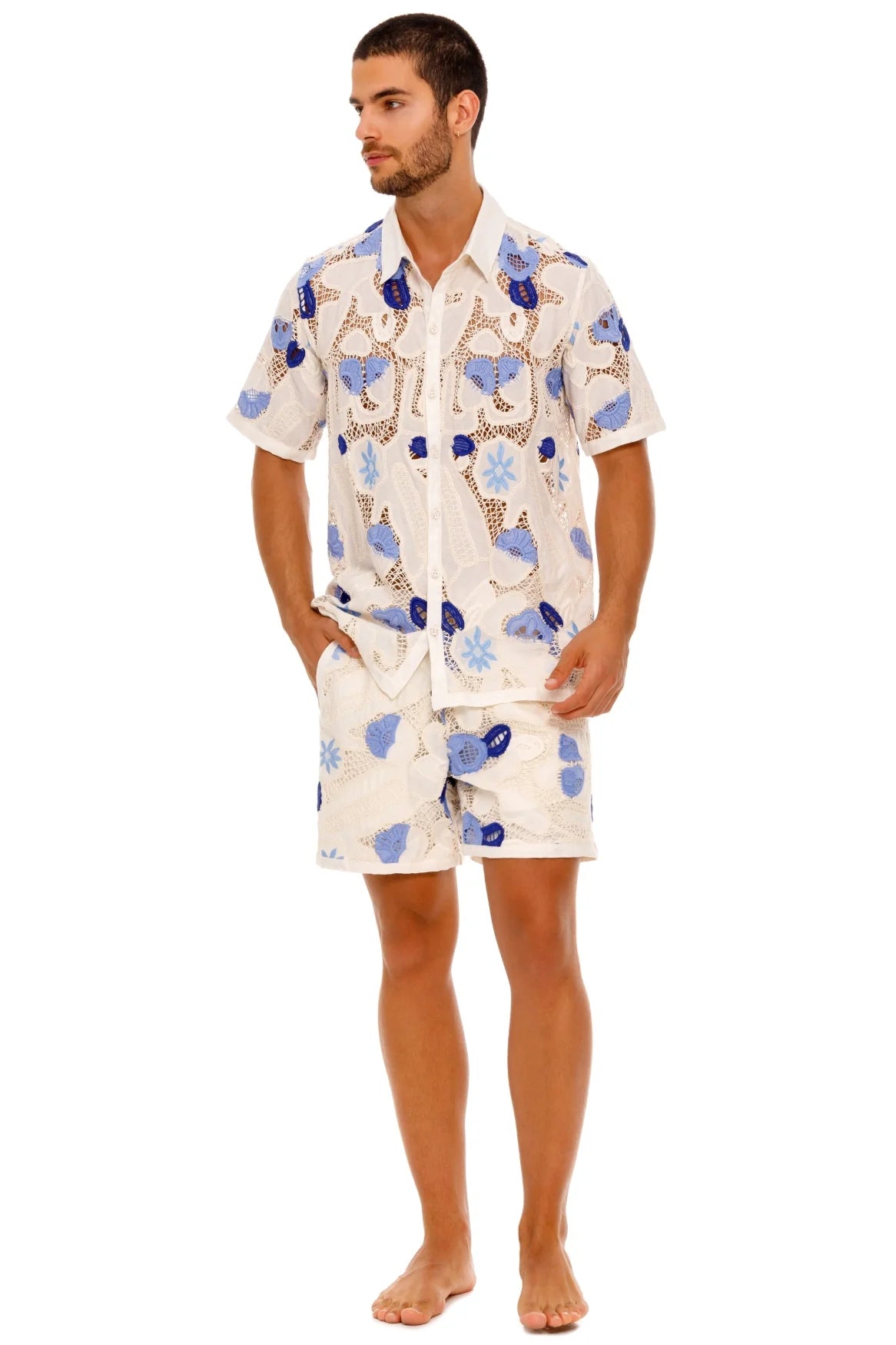 Collared button down shirt with crochet details and blue print