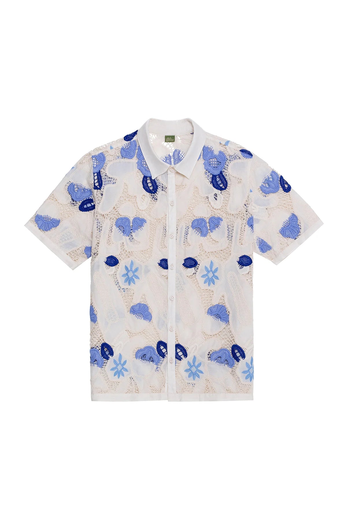 Collared button down shirt with crochet details and blue print