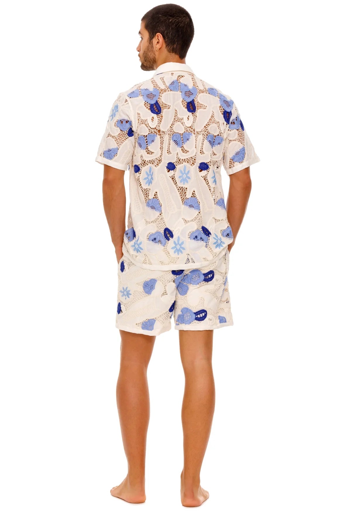 Collared button down shirt with crochet details and blue print