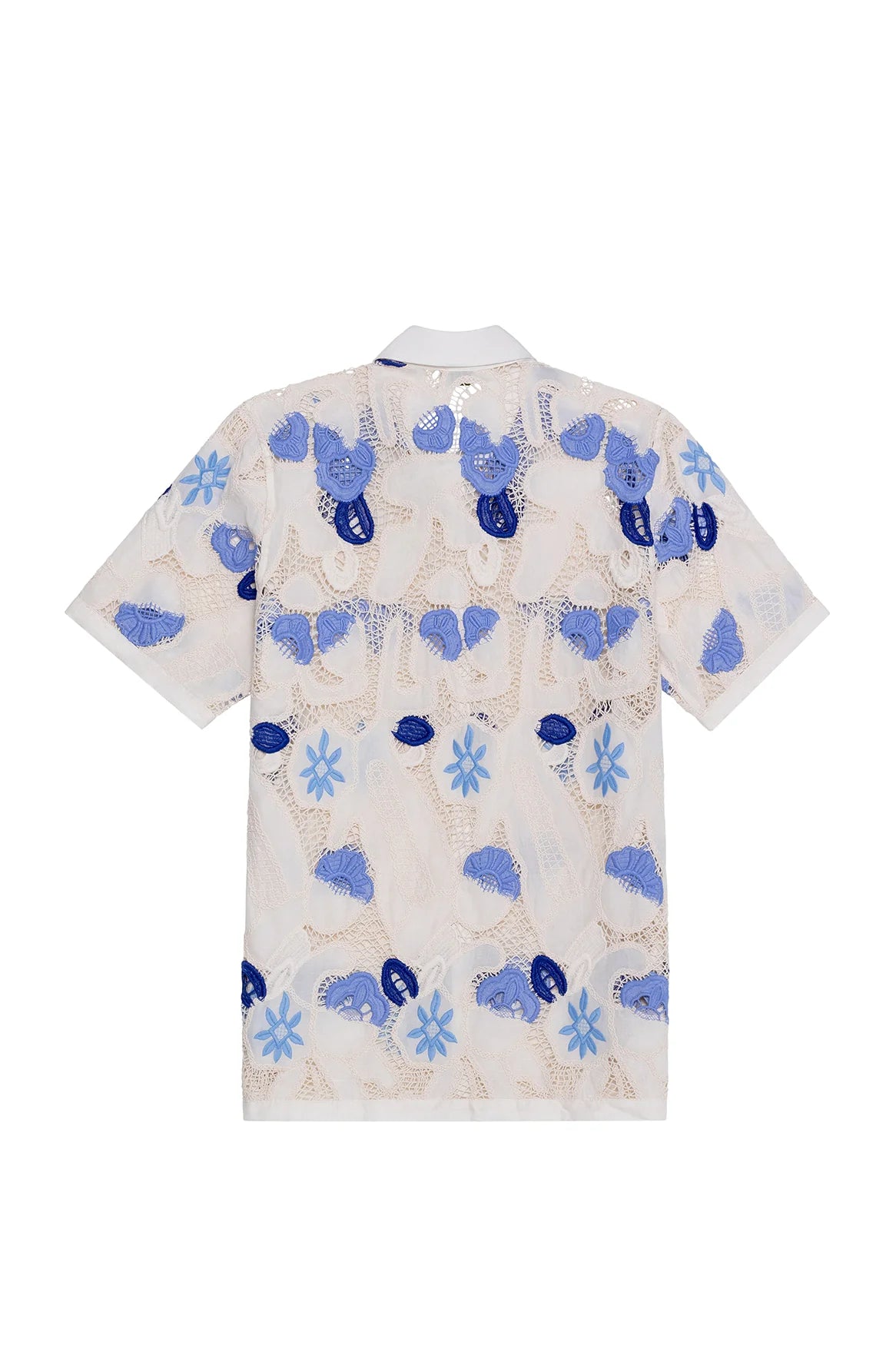 Collared button down shirt with crochet details and blue print