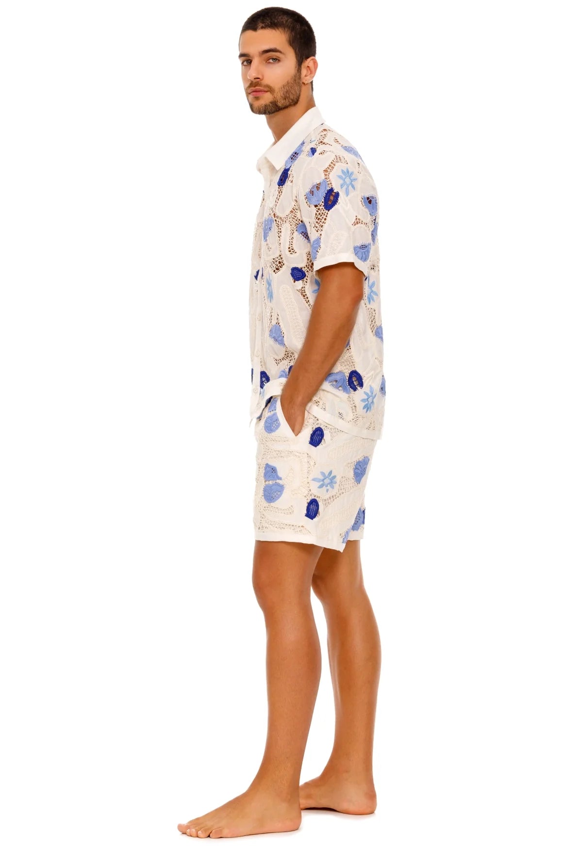 Collared button down shirt with crochet details and blue print