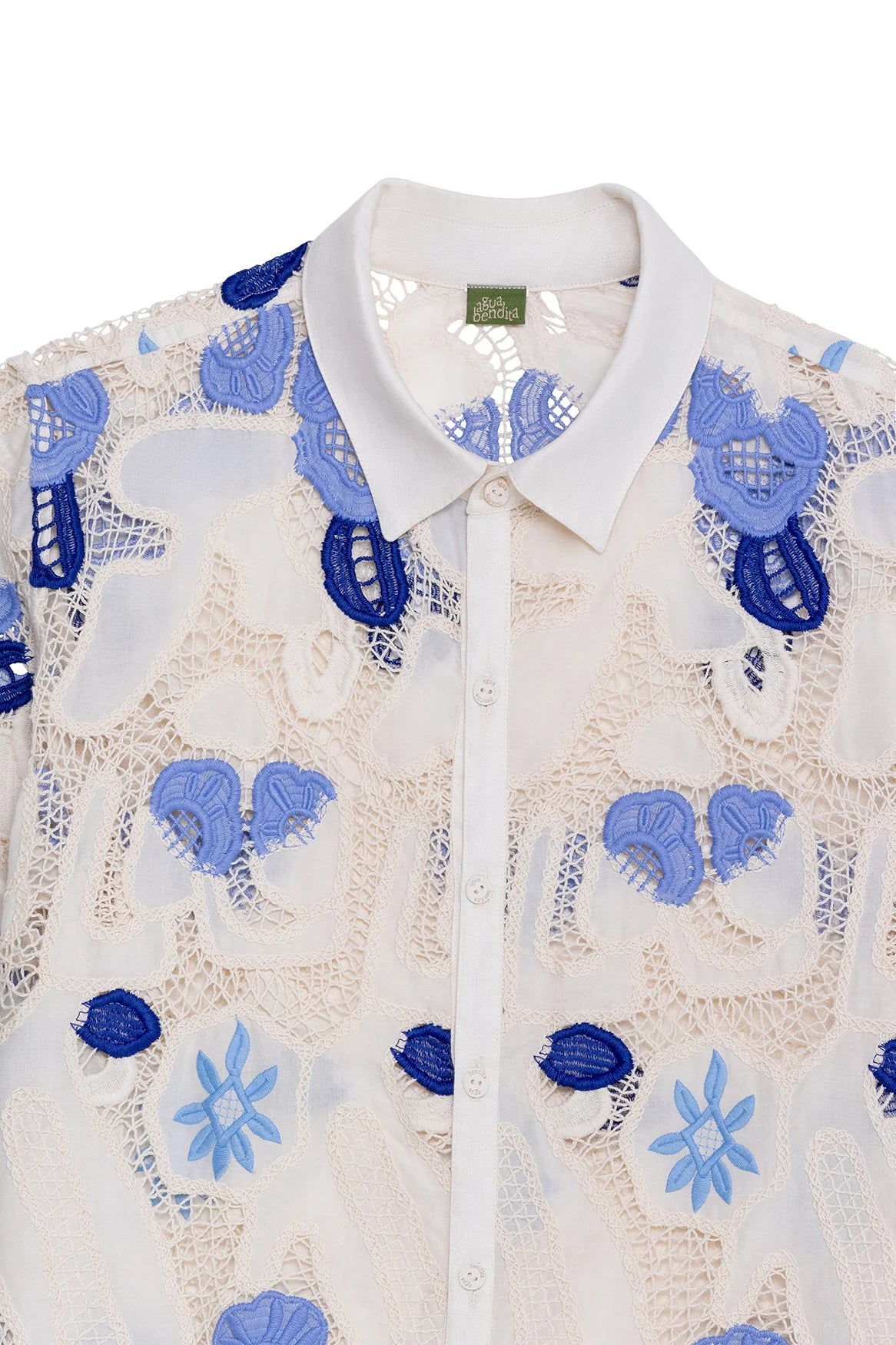 Collared button down shirt with crochet details and blue print