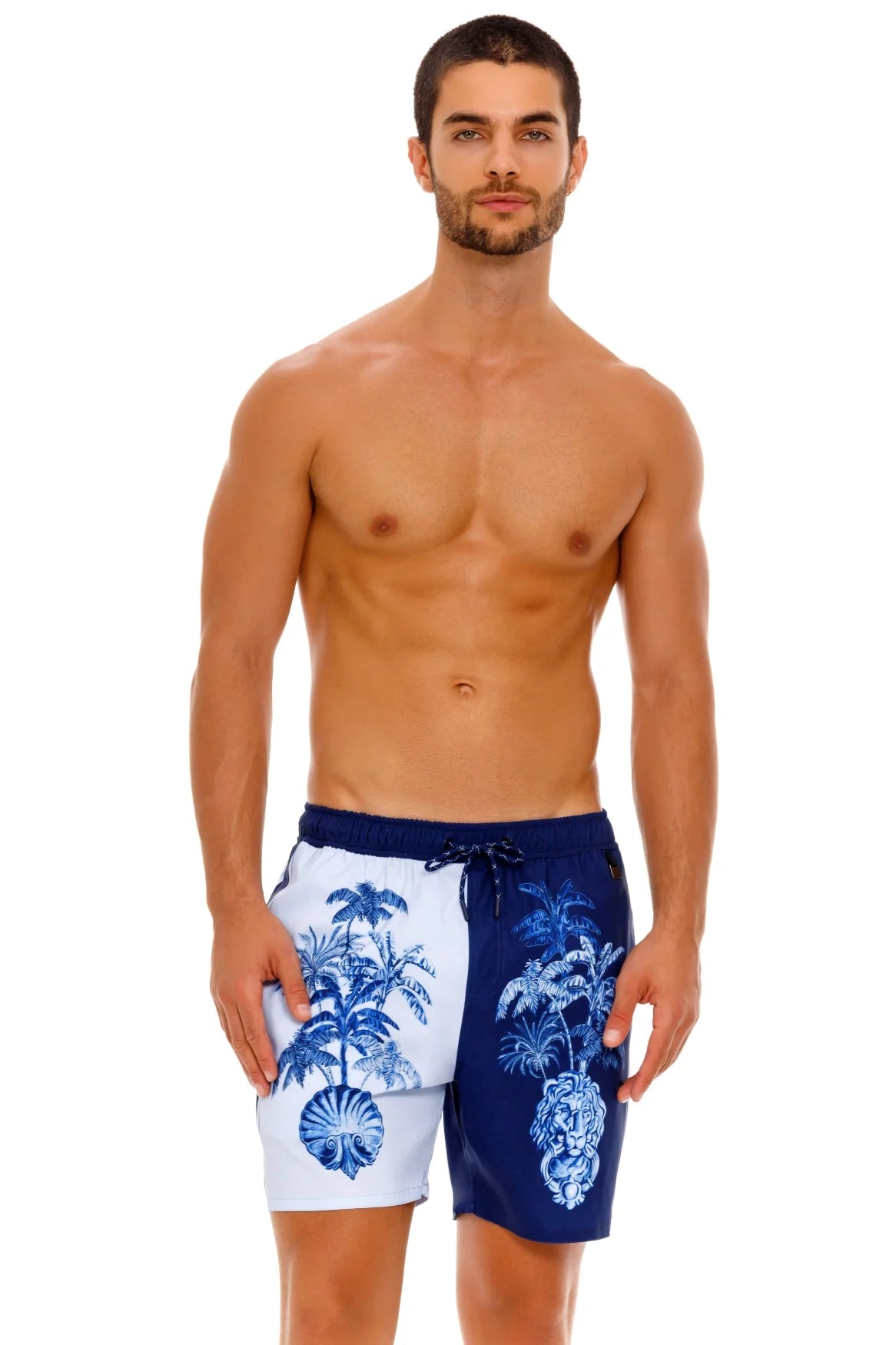 Men's drawstring swim trunks in blue tropical print