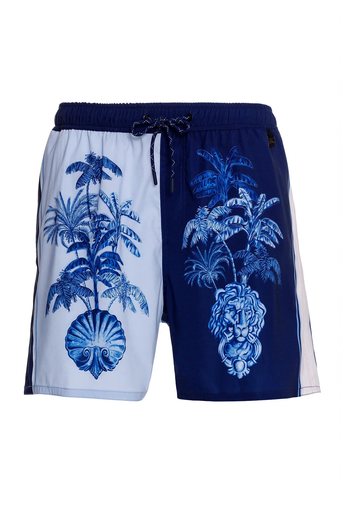 Men's drawstring swim trunks in blue tropical print