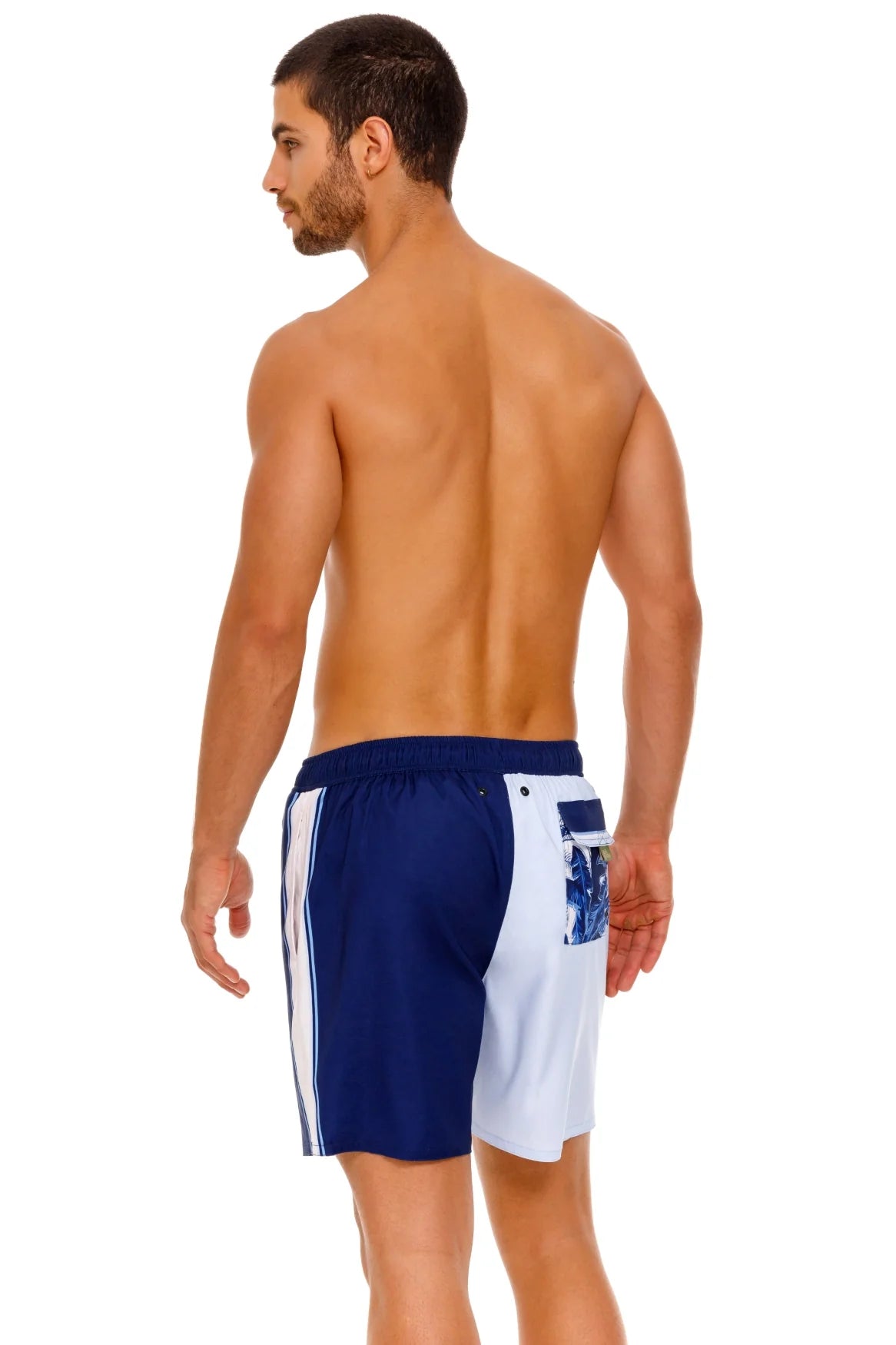 Men's drawstring swim trunks in blue tropical print