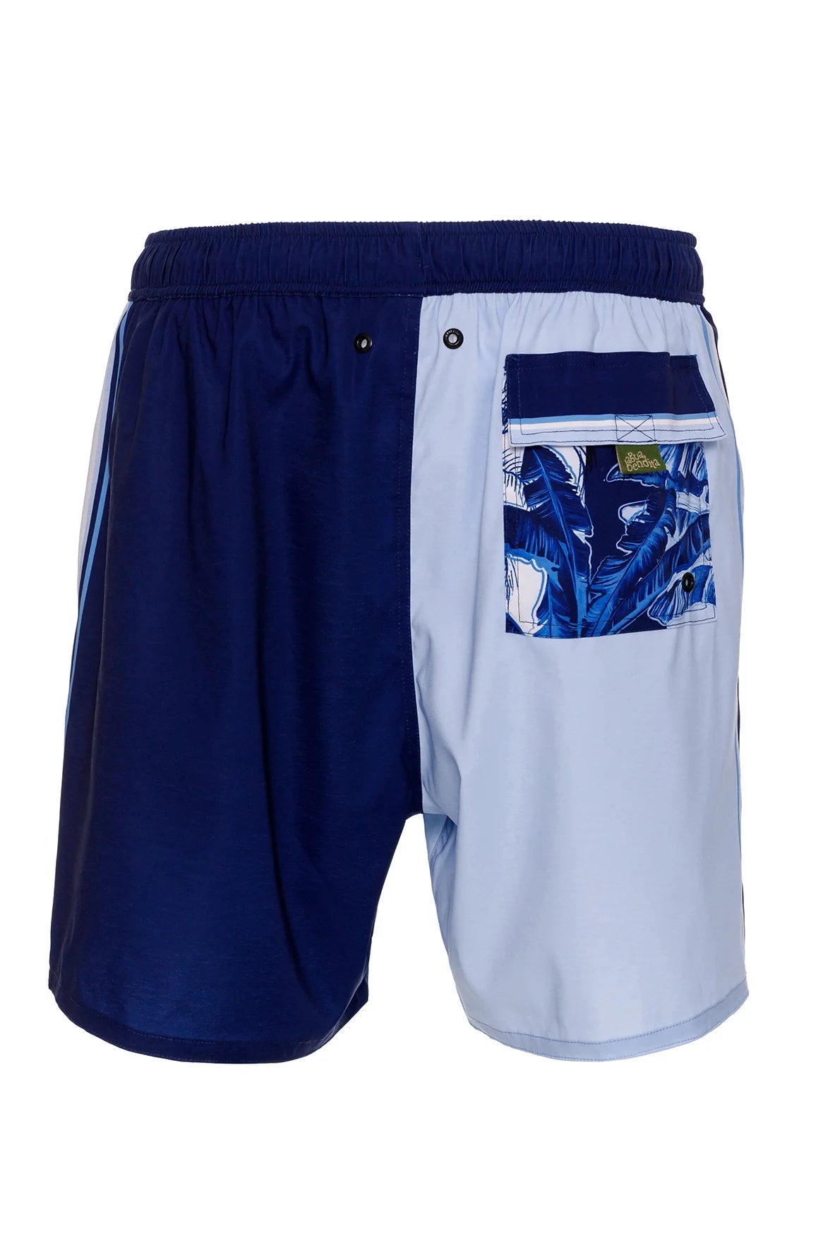 Men's drawstring swim trunks in blue tropical print