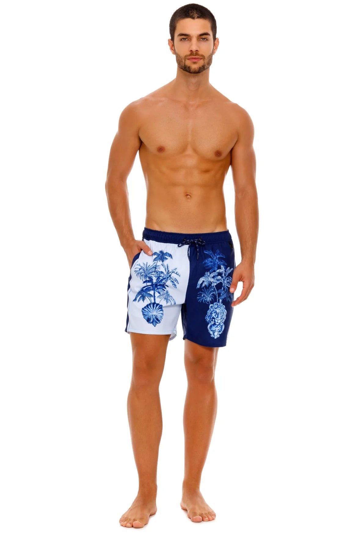Men's drawstring swim trunks in blue tropical print