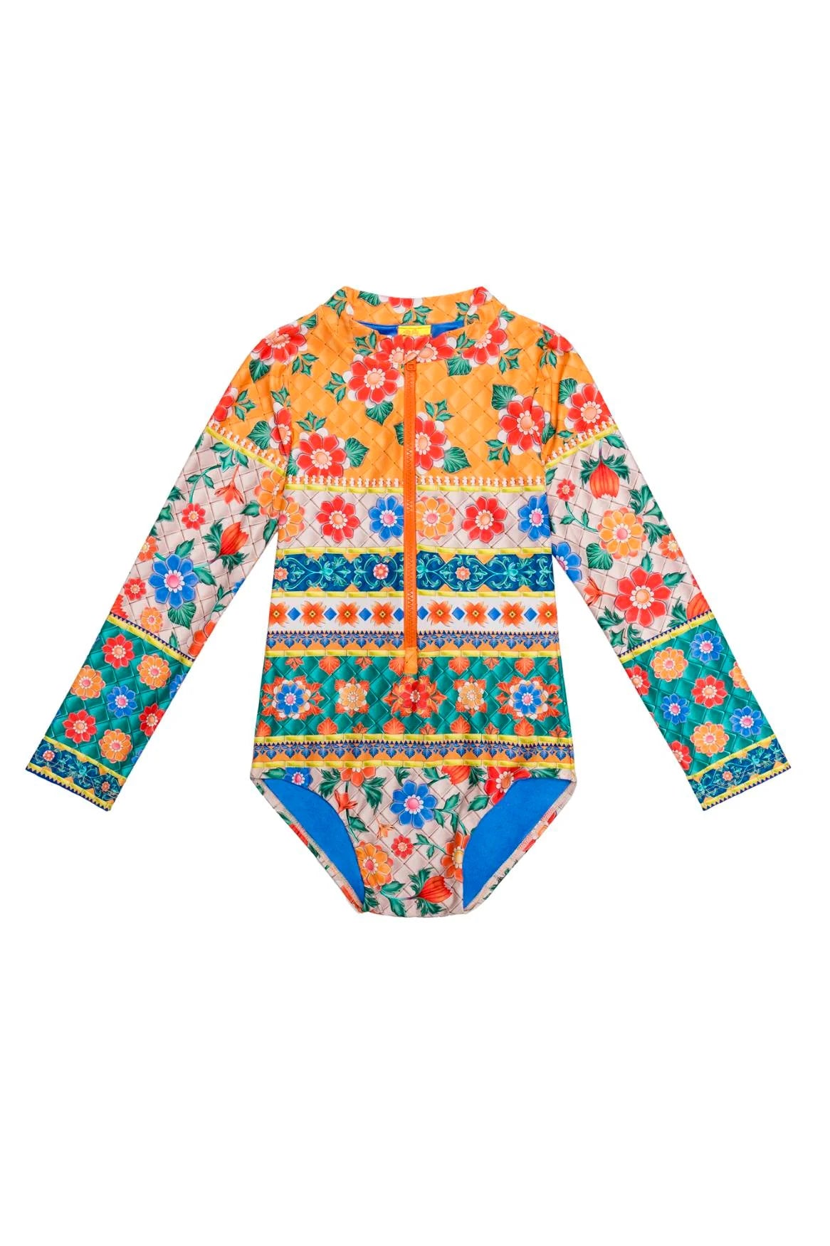 Colorful long sleeve girl's one piece with zipper front and full sun protection