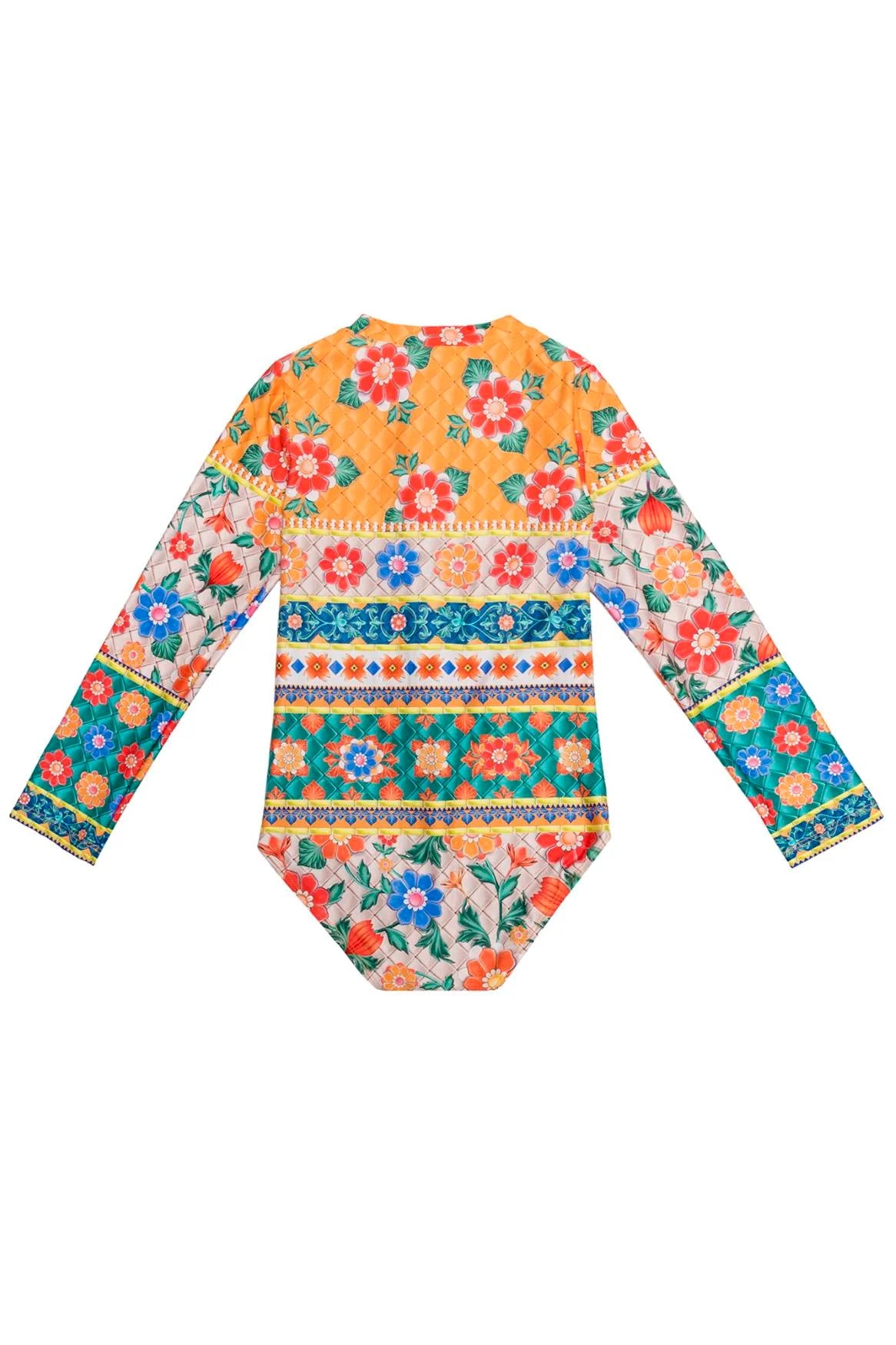 Colorful long sleeve girl's one piece with zipper front and full sun protection