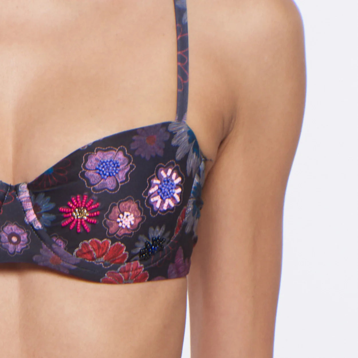 Underwire top with beaded floral print in black
