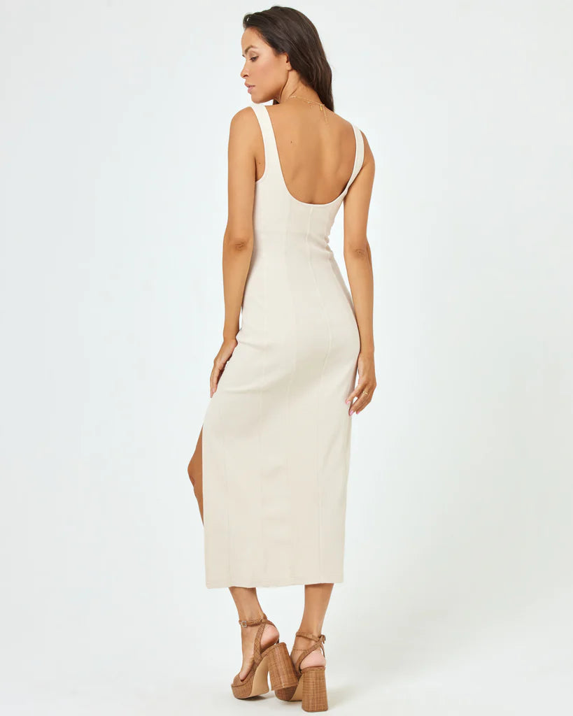 Ribbed cotton midi dress with high side leg slit