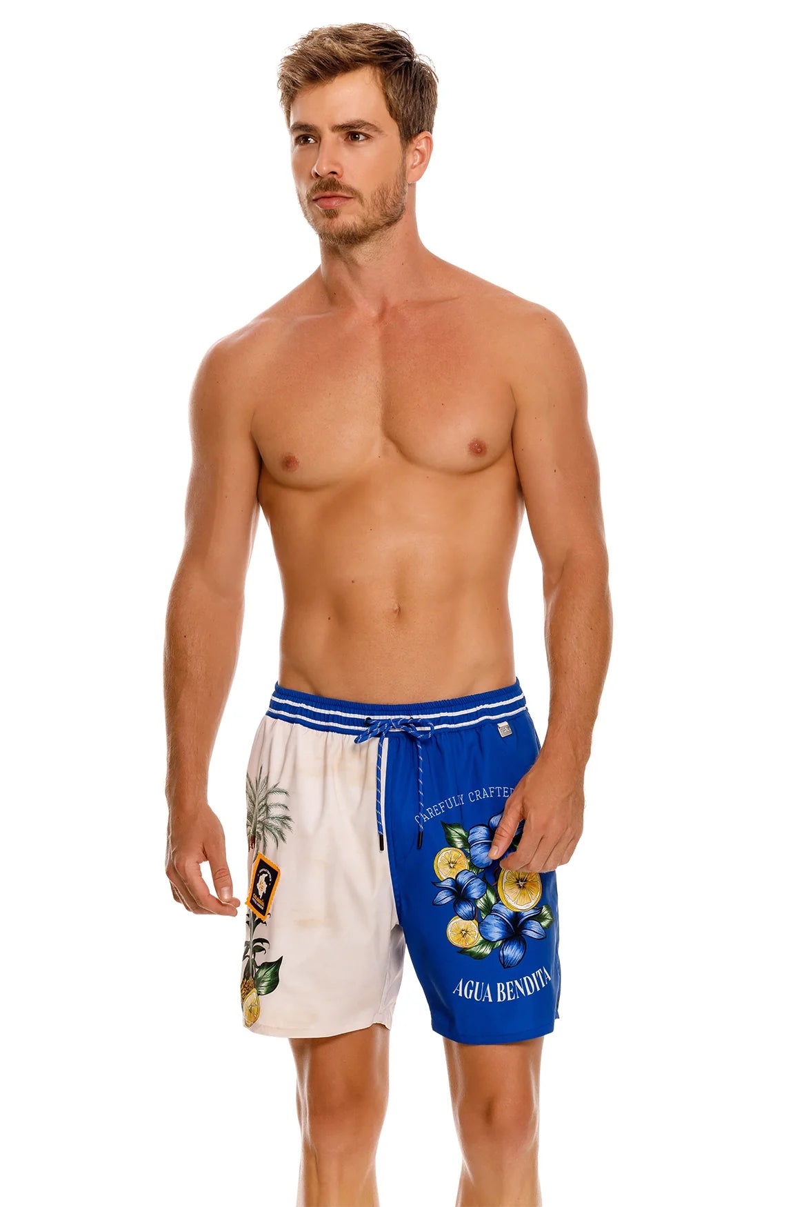 Colorful blue print men's swim trunks