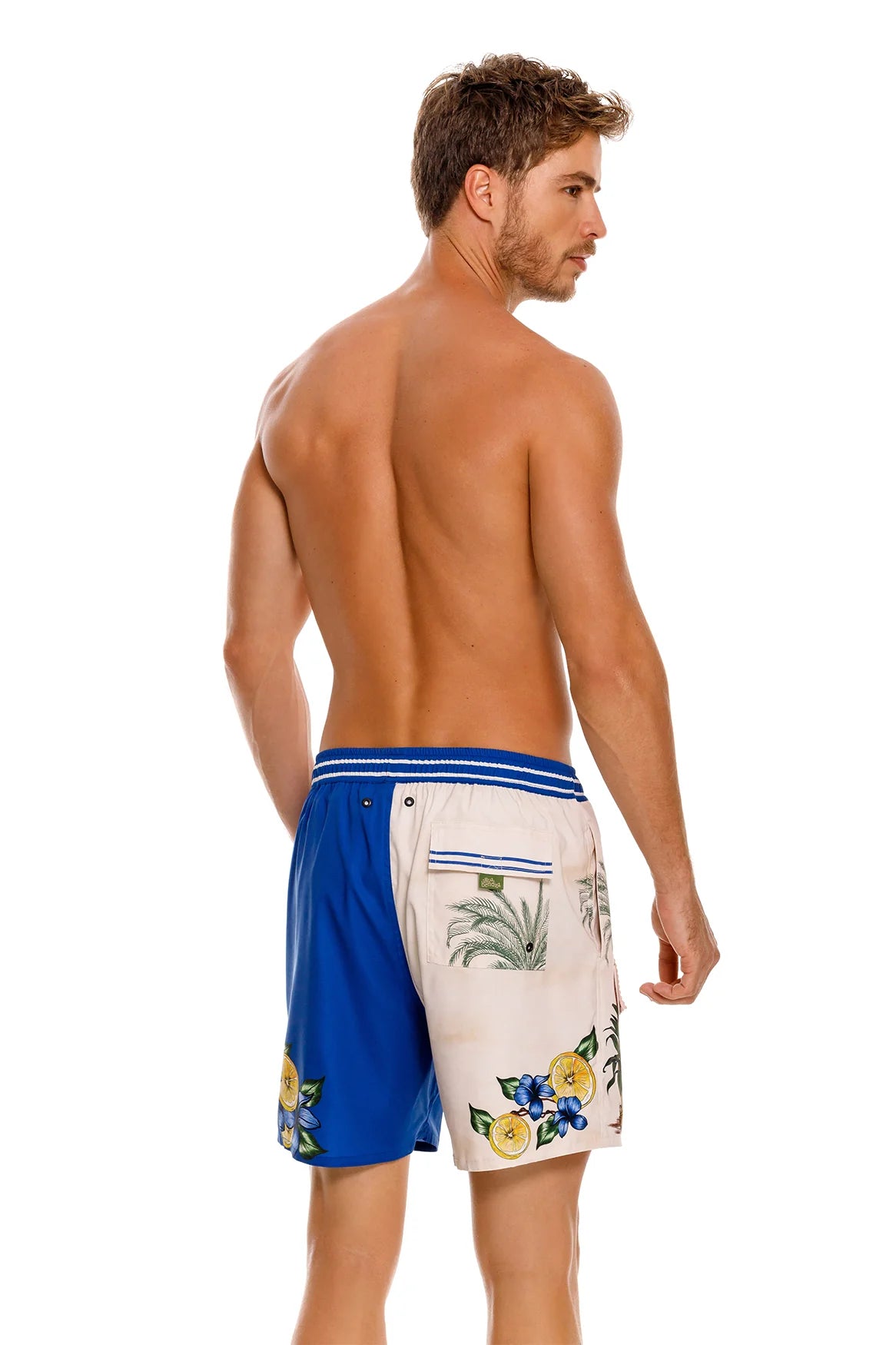 Colorful blue print men's swim trunks