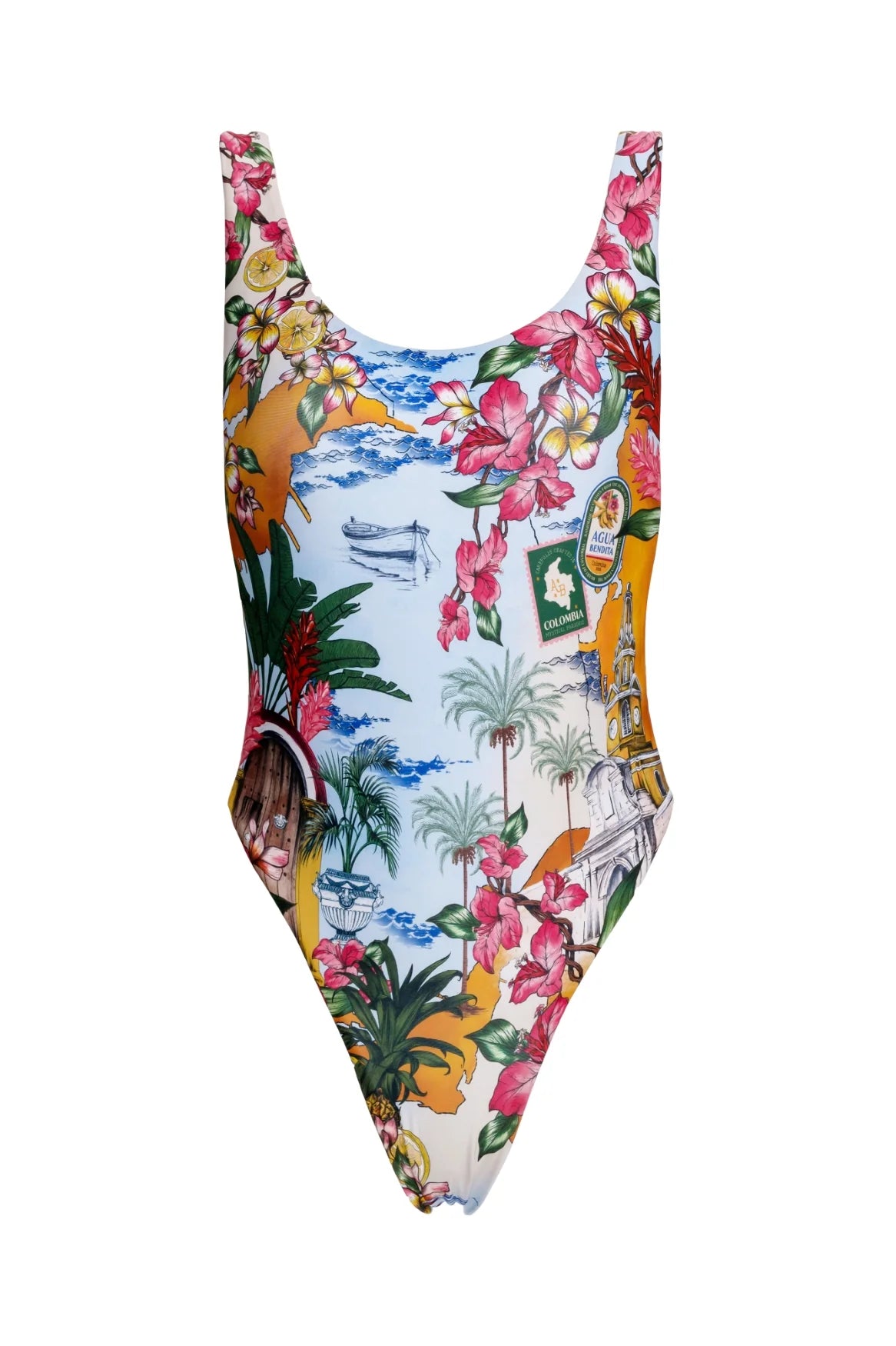 Colorful tropical print one piece with ring detail on the side