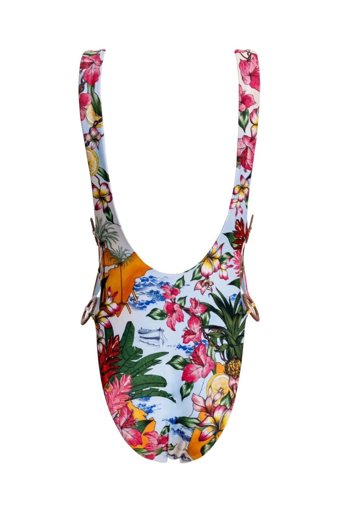 Colorful tropical print one piece with ring detail on the side