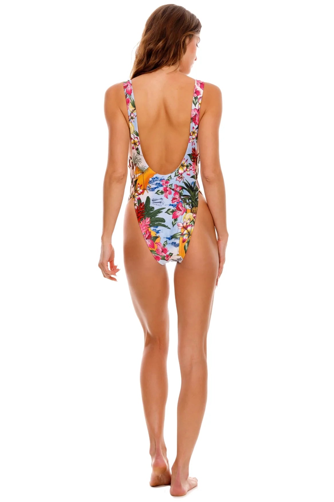 Colorful tropical print one piece with ring detail on the side