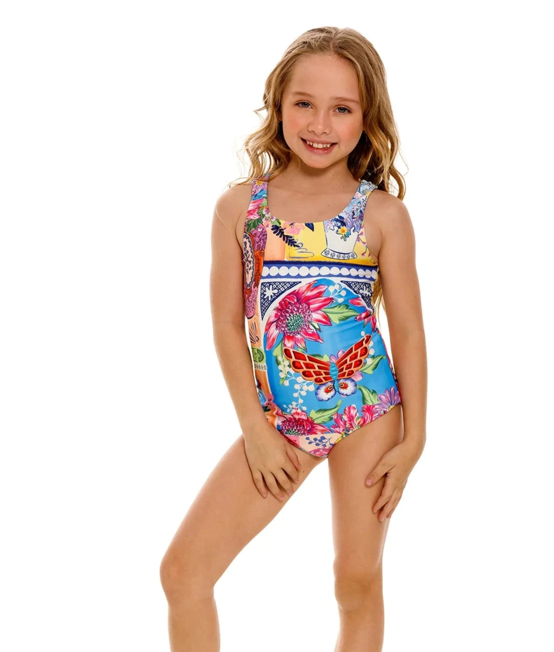 Colorful floral print girls' one piece
