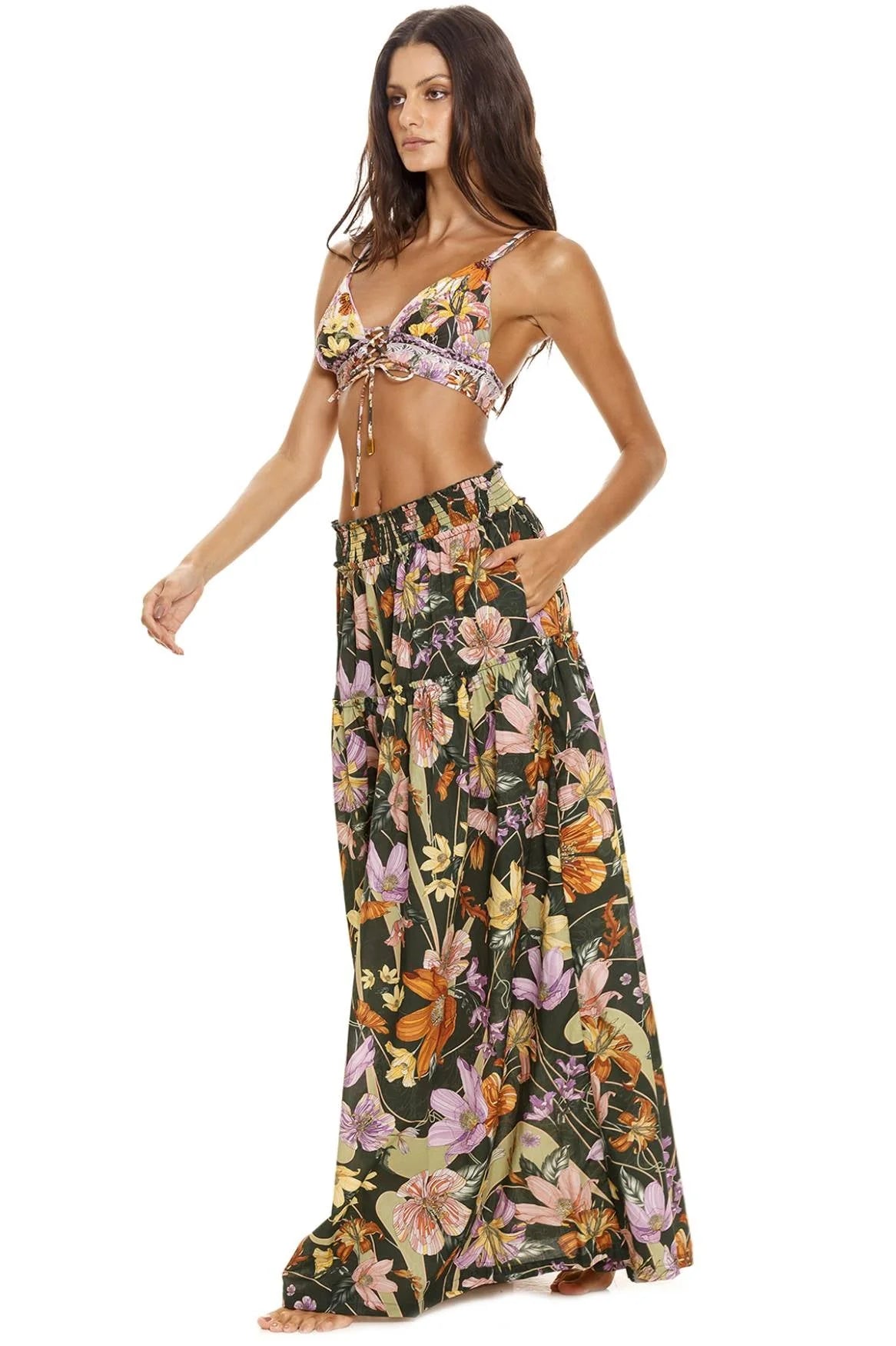 Colorful Floral Print Floor Length Skirt
