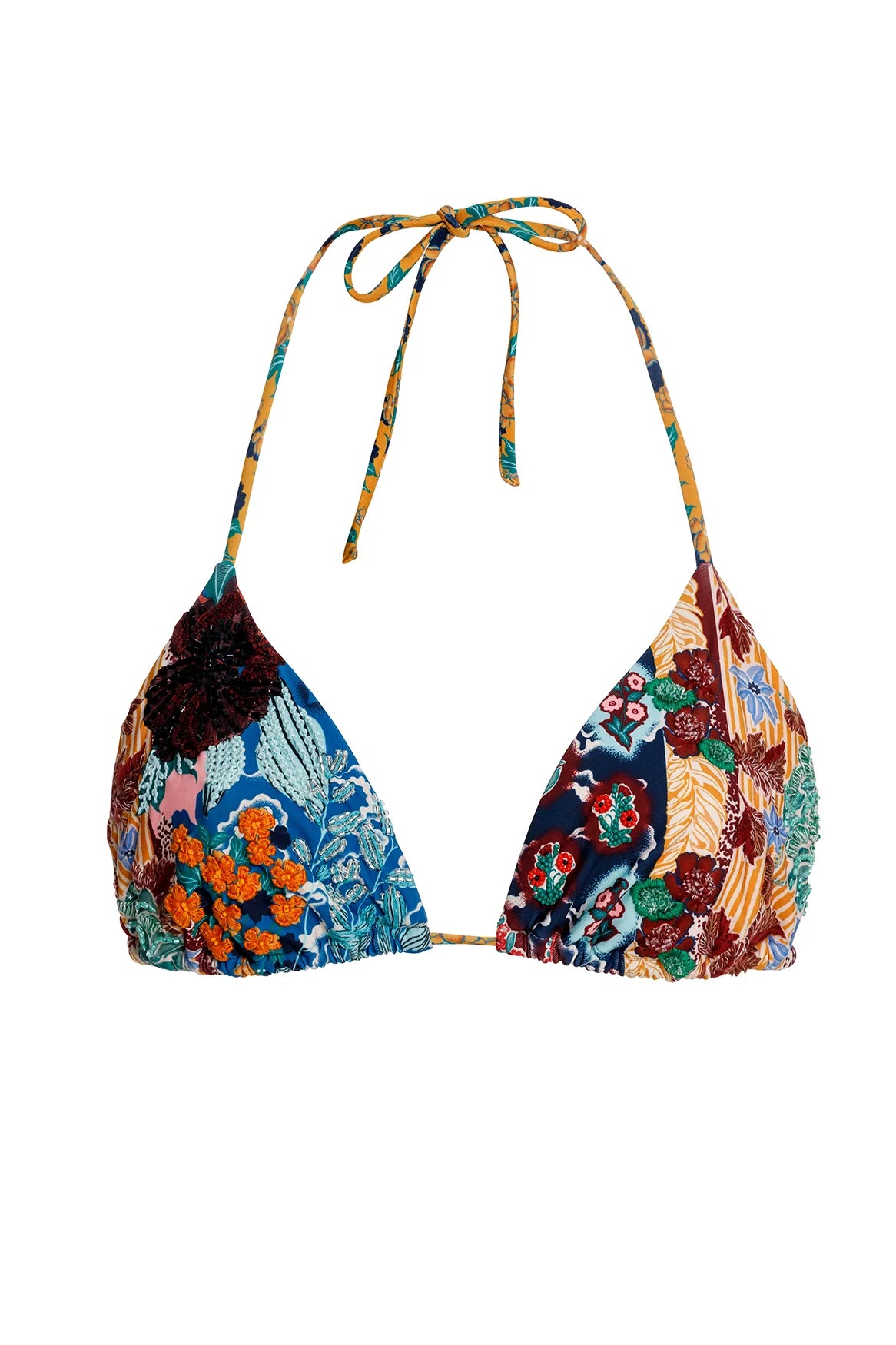 Multicolor print triangle top with adjustable straps and embroidered flowers