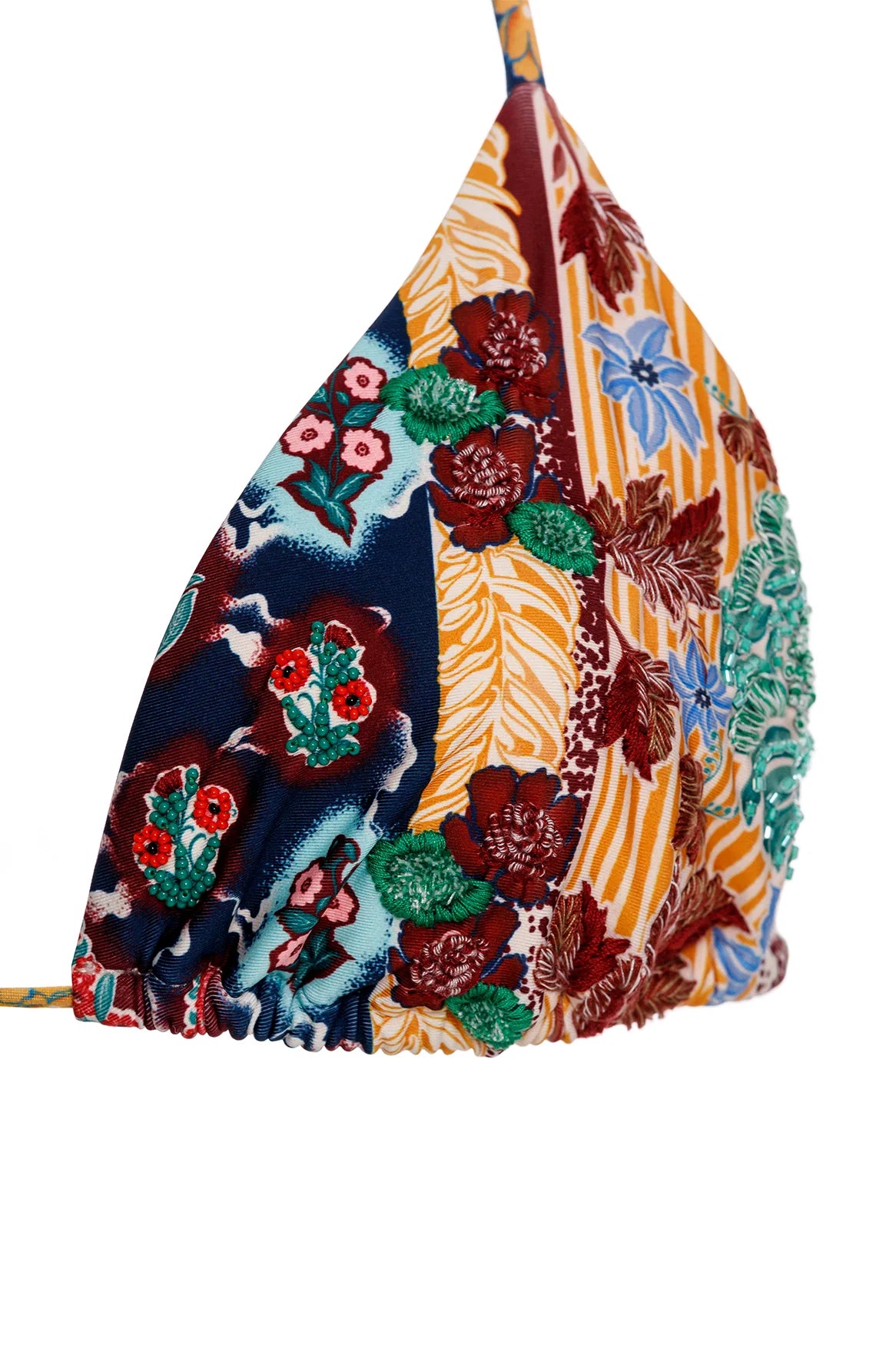 Multicolor print triangle top with adjustable straps and embroidered flowers