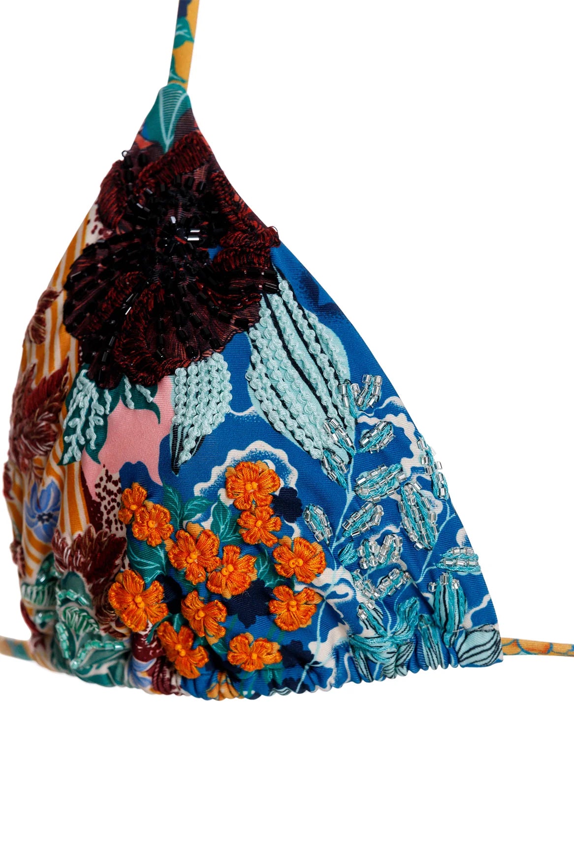 Multicolor print triangle top with adjustable straps and embroidered flowers