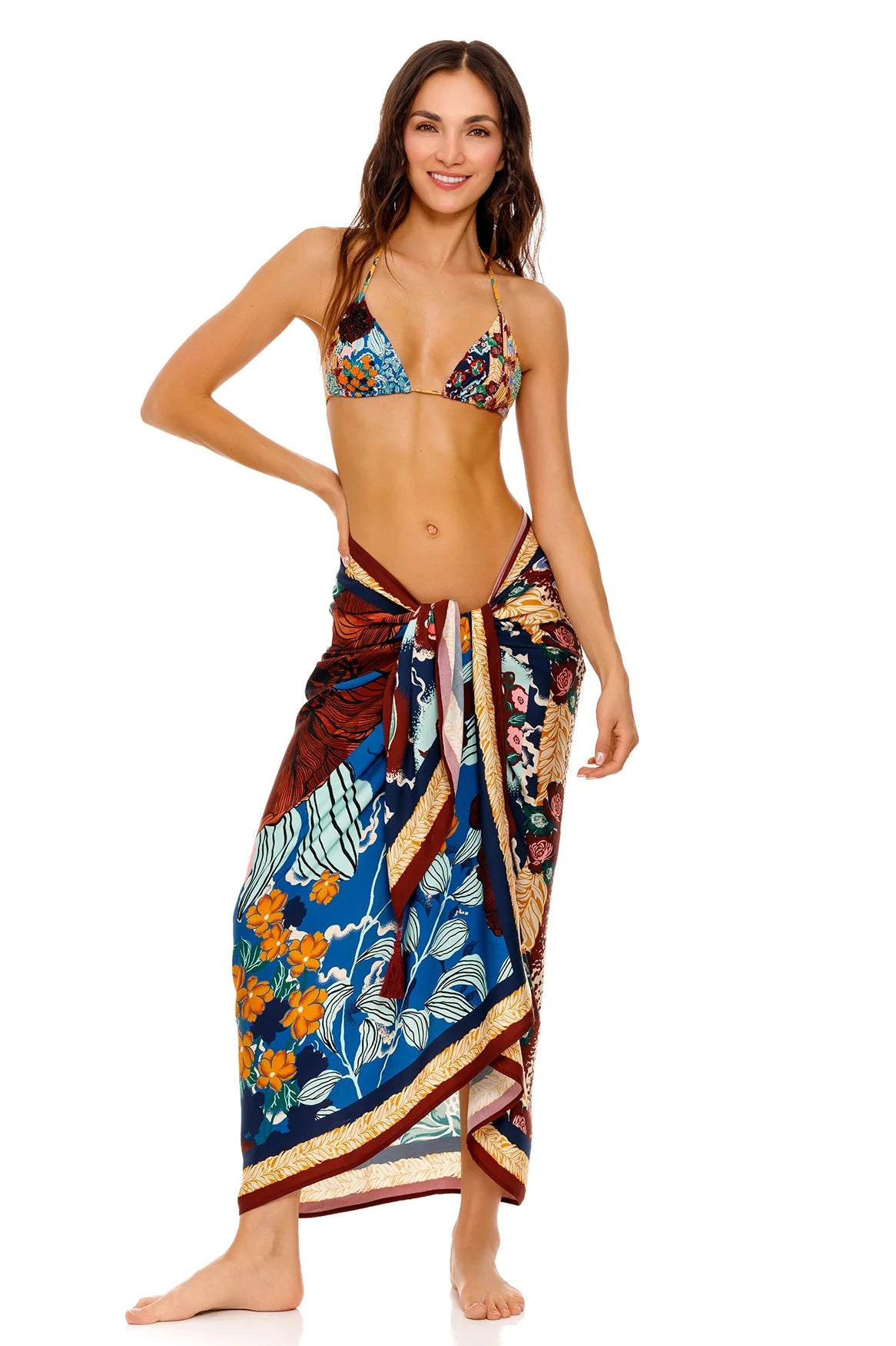 Long tasseled sarong with multicolor floral print