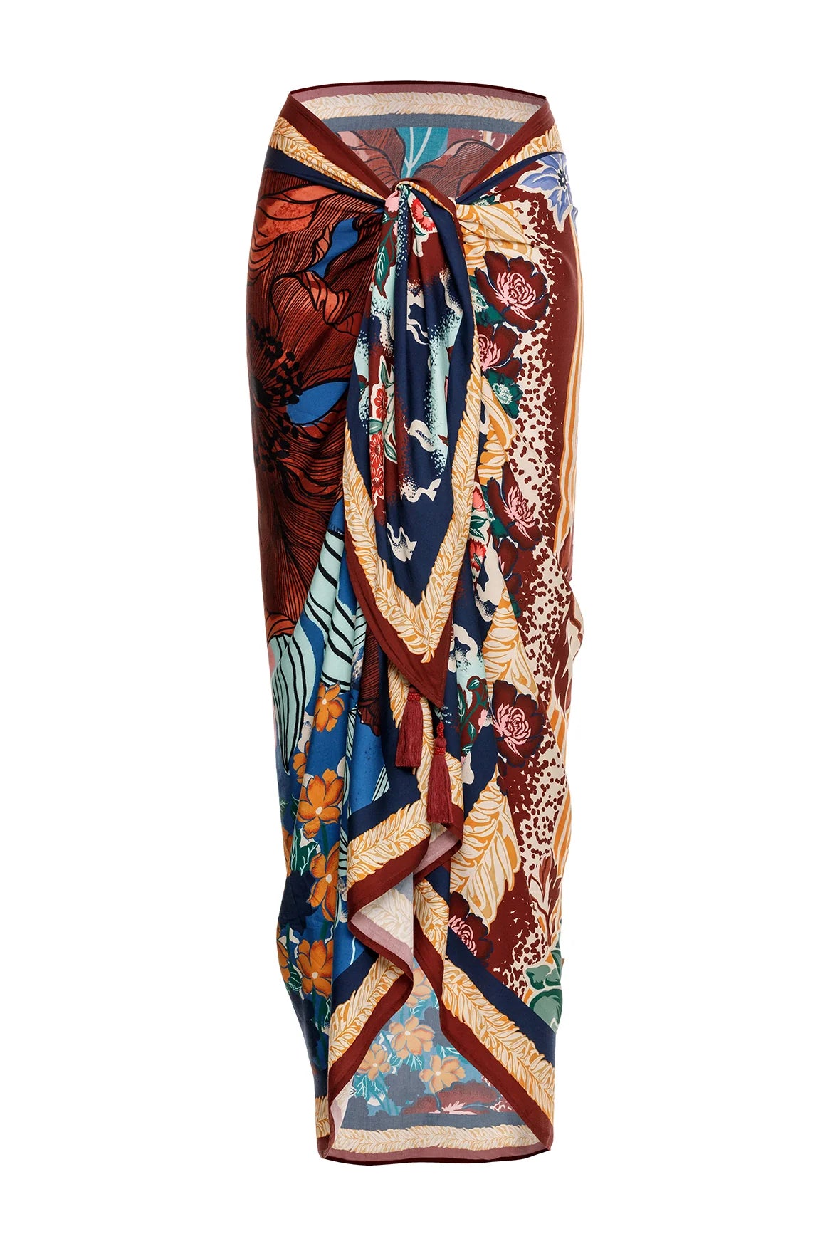 Long tasseled sarong with multicolor floral print